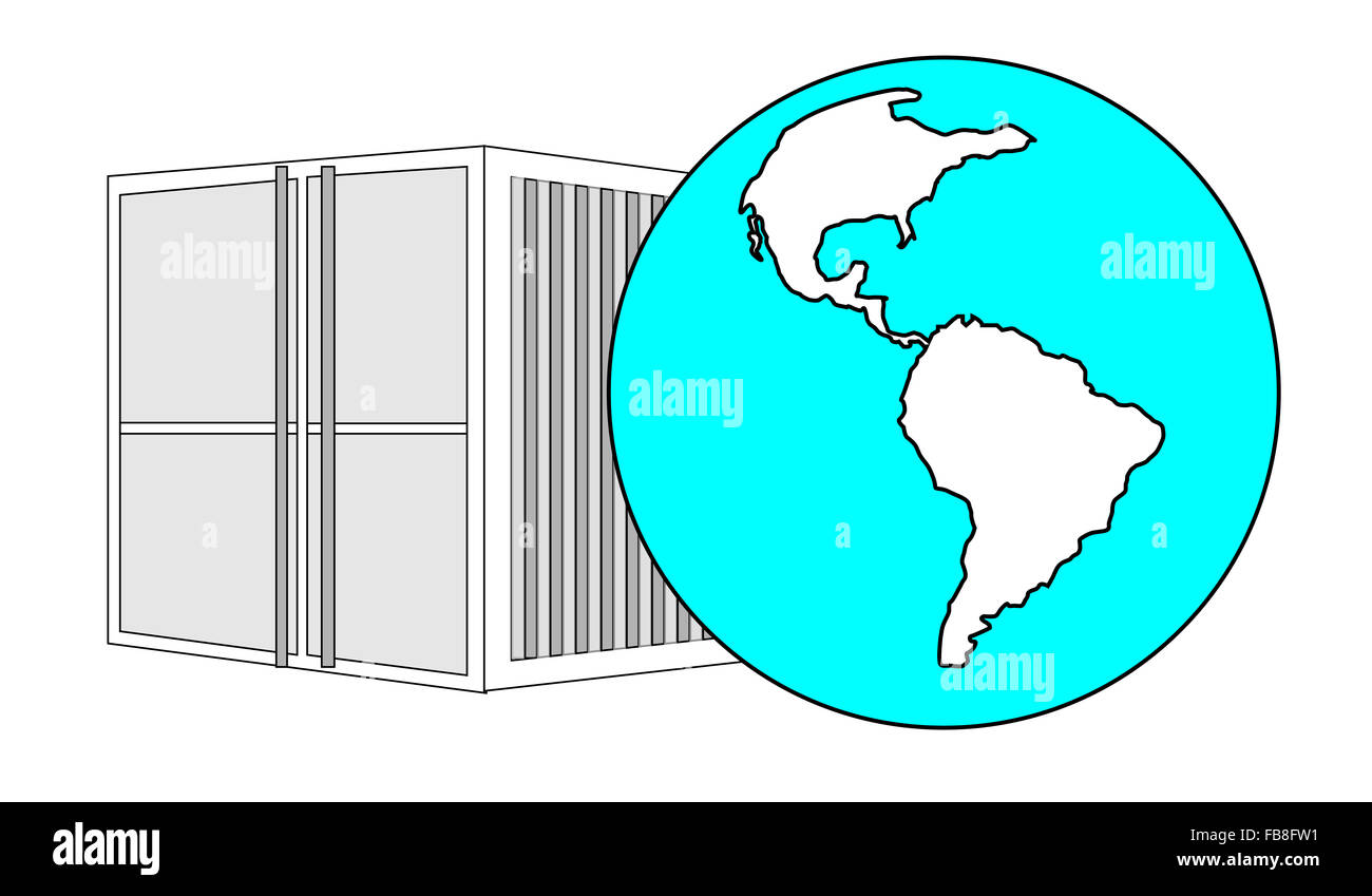 Illustrazione di metallo 40 ft sea container con luce blu del mondo globe Foto Stock