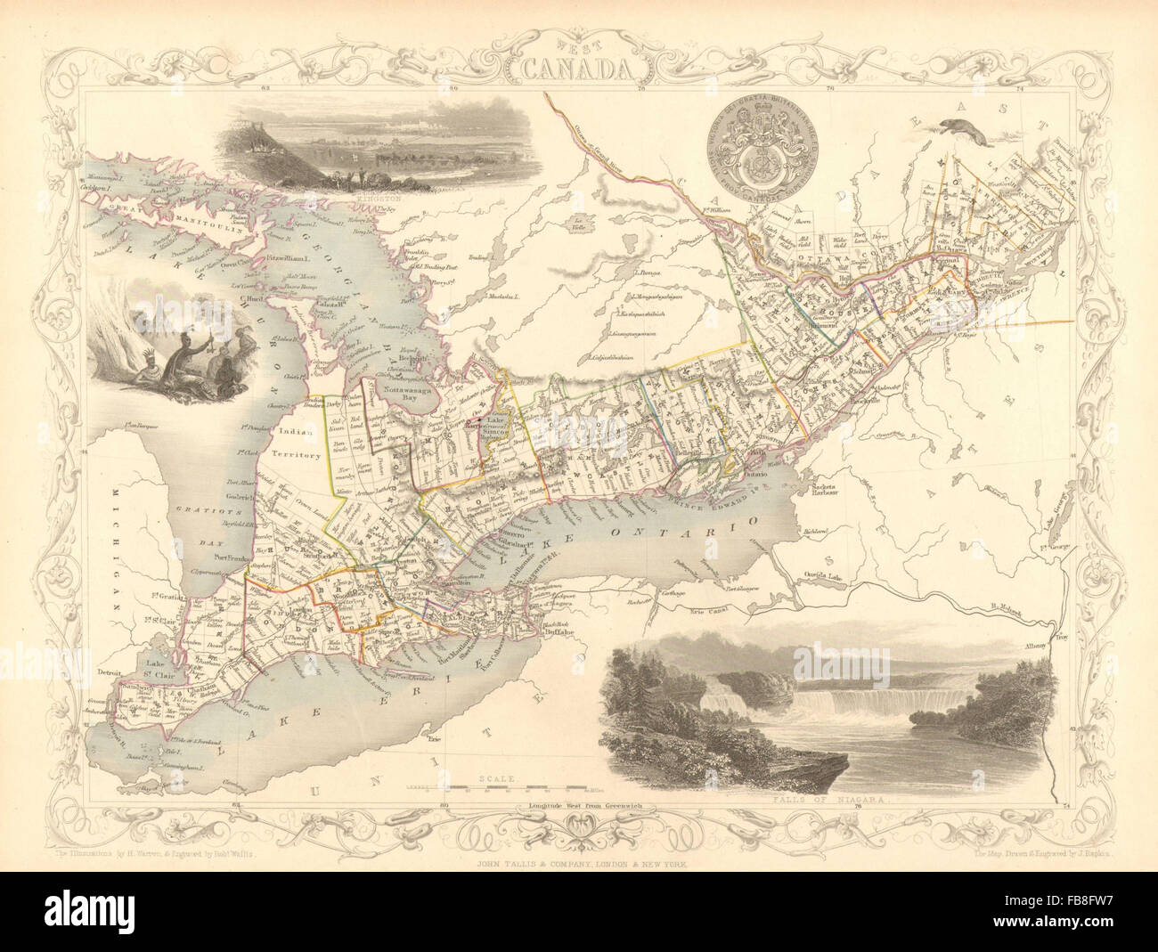 A ovest del Canada": Southern Ontario. Mostra il territorio indiano' TALLIS/RAPKIN, 1851 Mappa Foto Stock