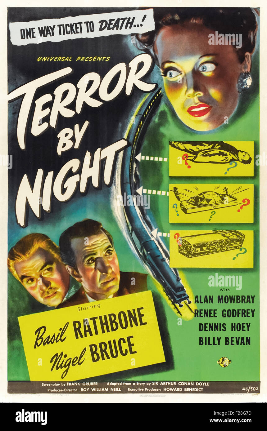 Poster per "Terrore di Notte' 1946 Sherlock Holmes film diretto da Roy William Neill e interpretato da Basil Rathbone (Holmes); Nigel Bruce (Watson) e Evelyn Ankers (Naomi Drake). Vedere la descrizione per maggiori informazioni. Foto Stock