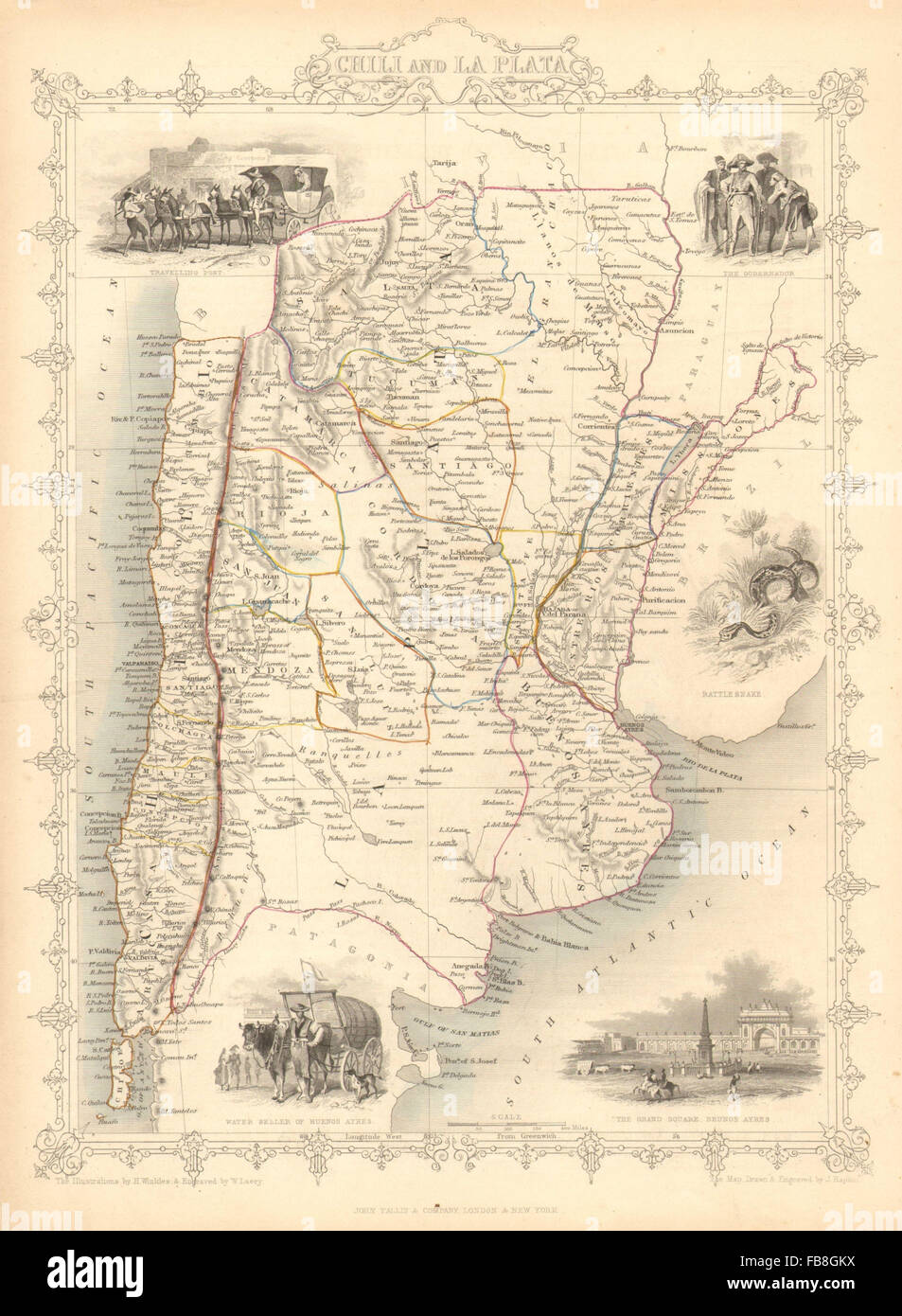 "Peperoncino E LA PLATA': Centro Cile e Argentina. TALLIS/RAPKIN, 1851 mappa vecchia Foto Stock