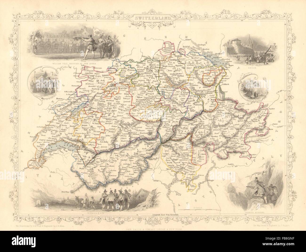 Svizzera: Guglielmo Tell apple di ripresa. Cantoni. TALLIS/RAPKIN, 1851 mappa vecchia Foto Stock