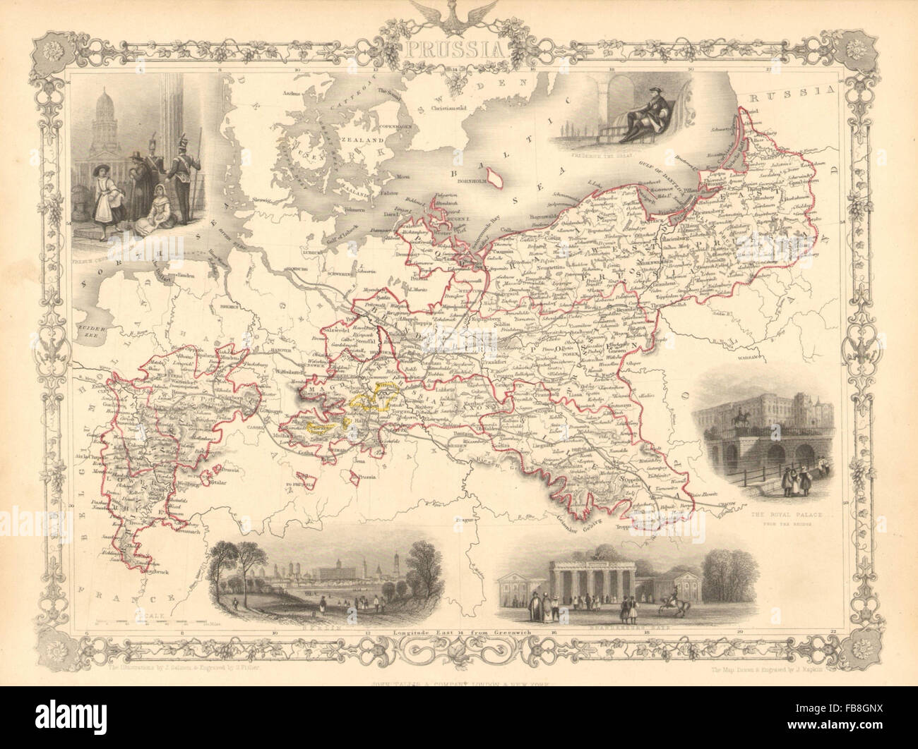 La Prussia: vedute di Berlino, la Porta di Brandeburgo &c.TALLIS/RAPKIN, 1851 Mappa antichi Foto Stock
