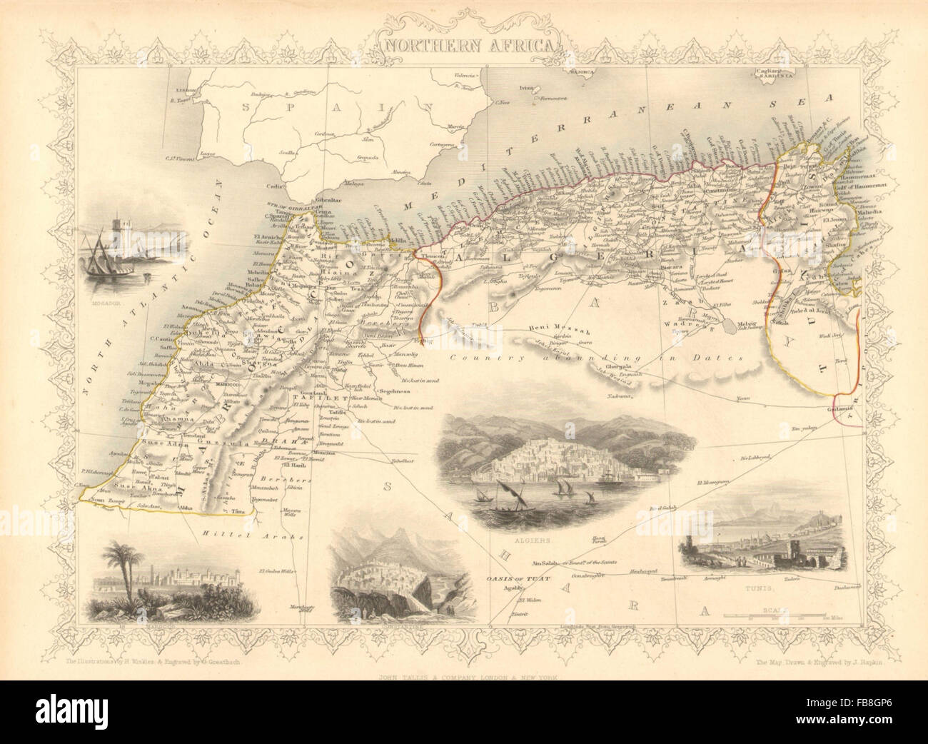 AFRICA SETTENTRIONALE: Marocco Algeria Tunisia. Rotte carovaniere.TALLIS/RAPKIN, 1851 Mappa Foto Stock