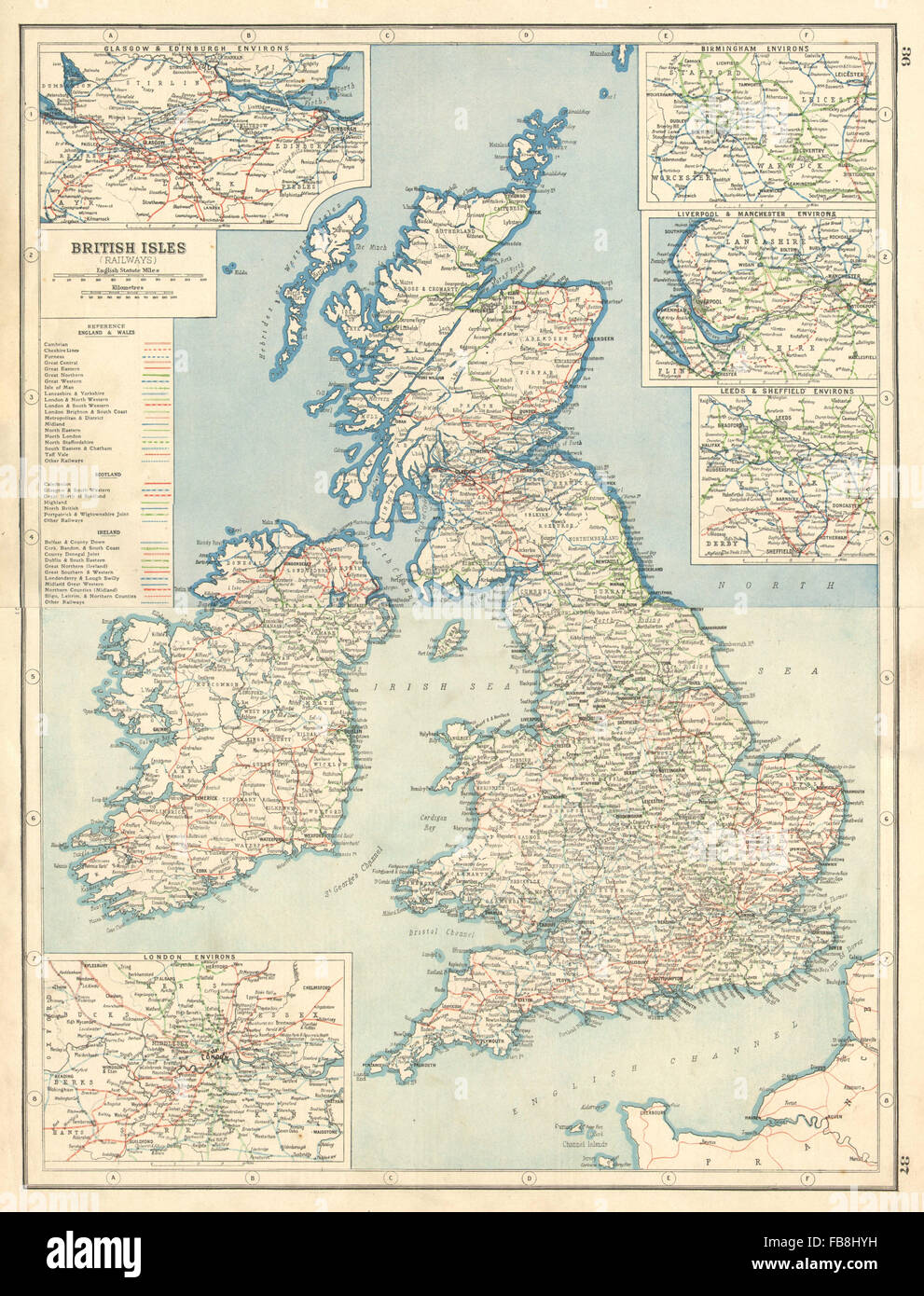 Isole britanniche ferrovie: Mostra di ciascuna compagnia linee. HARMSWORTH, 1920 mappa vecchia Foto Stock