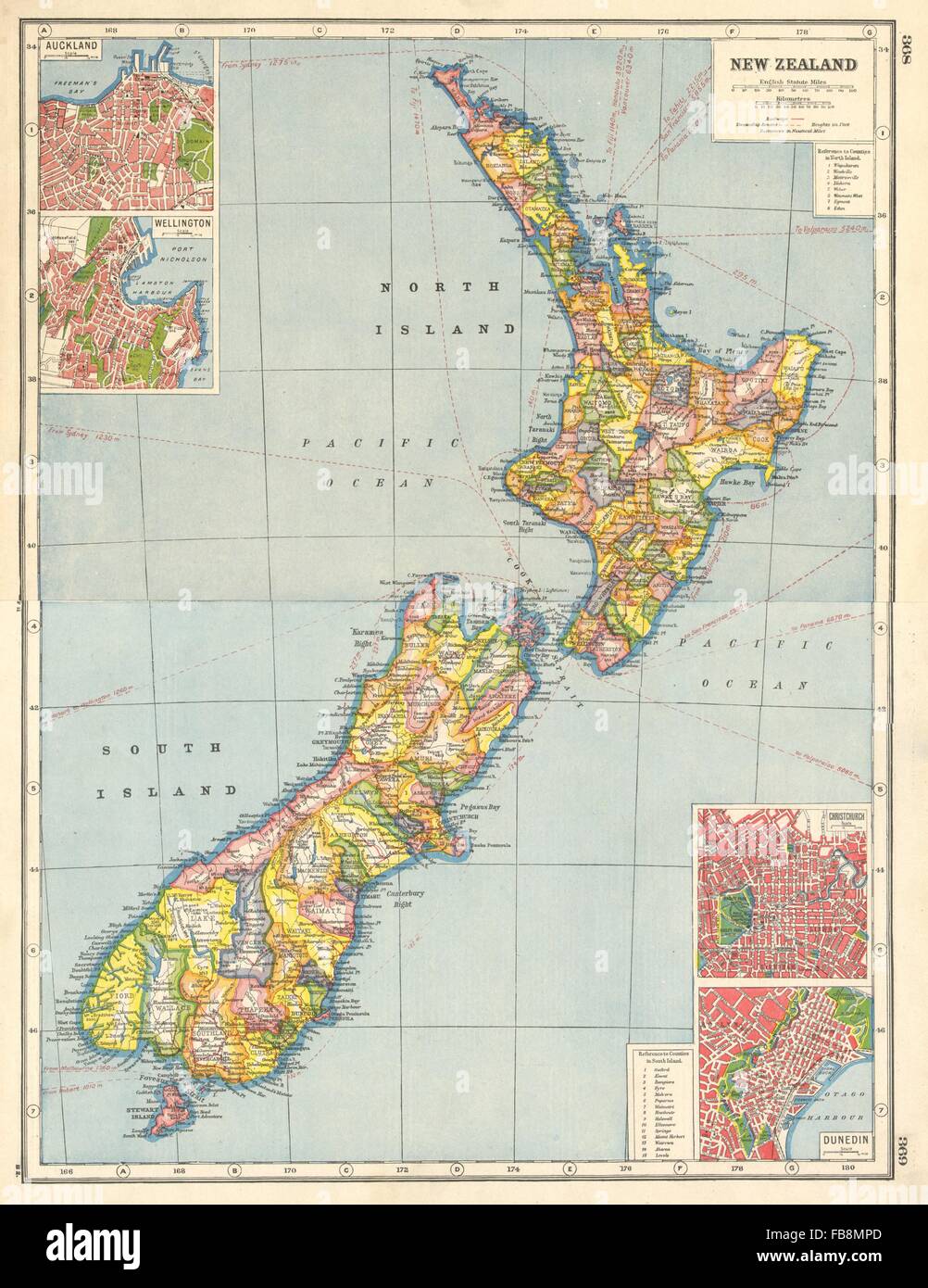 Nuova Zelanda: Contee. Wellington Auckland Christchurch Dunedin piani, 1920 Mappa Foto Stock