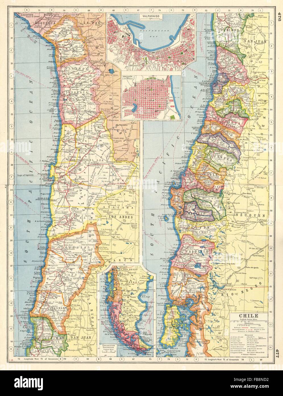 Cile: Regioni Province steamship rotte. Valparaiso Concepcion piani, 1920 Mappa Foto Stock