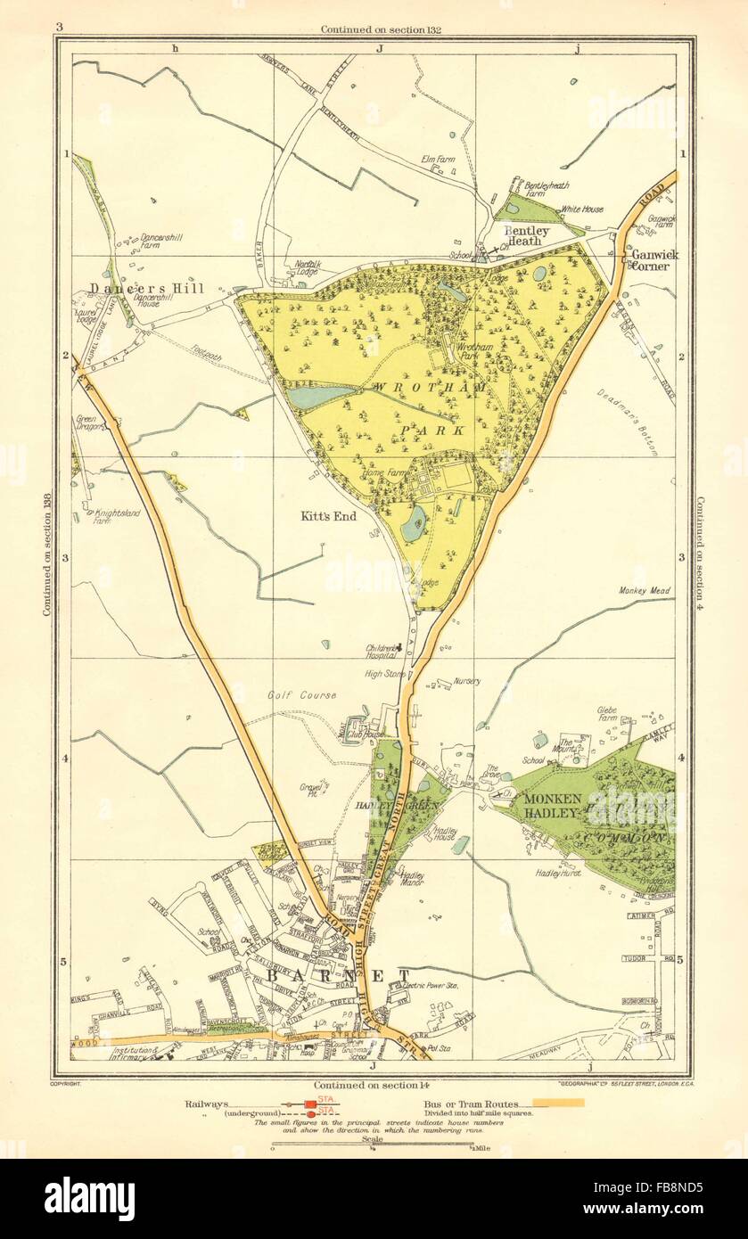 BARNET.Monken Hadley,Wrotham Park,Kitts fine,ballerino Hill,Ganwick Cnr, 1933 Mappa Foto Stock