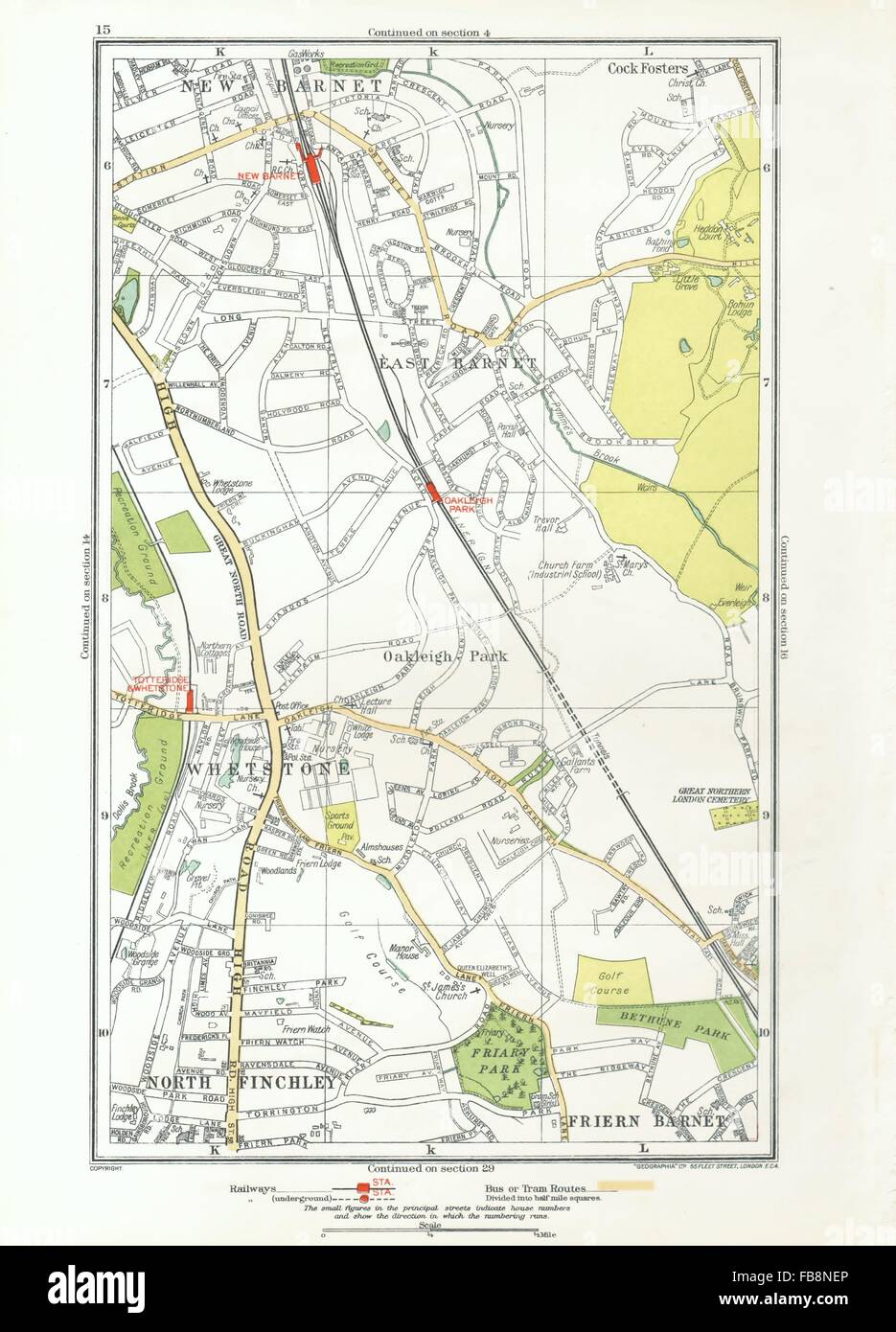 EAST BARNET. Friern Barnet;Whetstone, Finchley,Cockfosters,Totteridge, 1933 Mappa Foto Stock