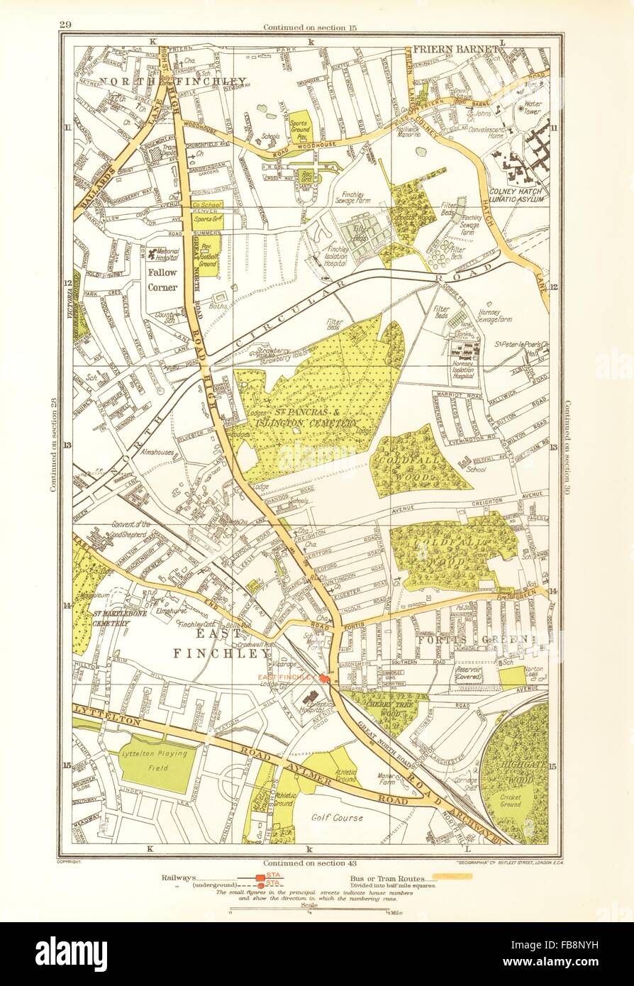FINCHLEY. Fortis Green, Friern Barnet, Muswell Hill, angolo di maggese, 1933 Mappa Foto Stock
