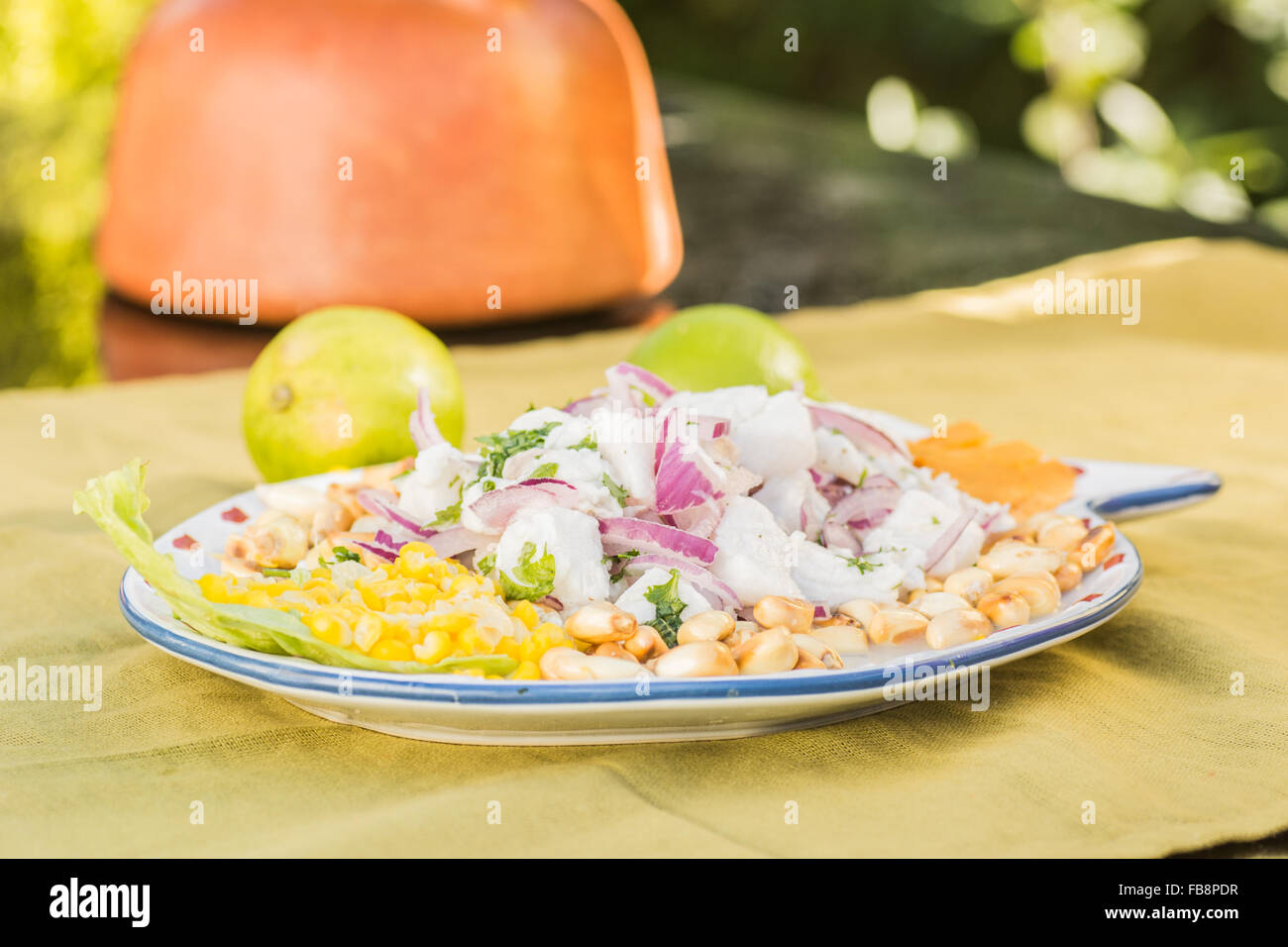 Ceviche peruviano su una piastra con mais tostato (cancha) e limette. Foto Stock