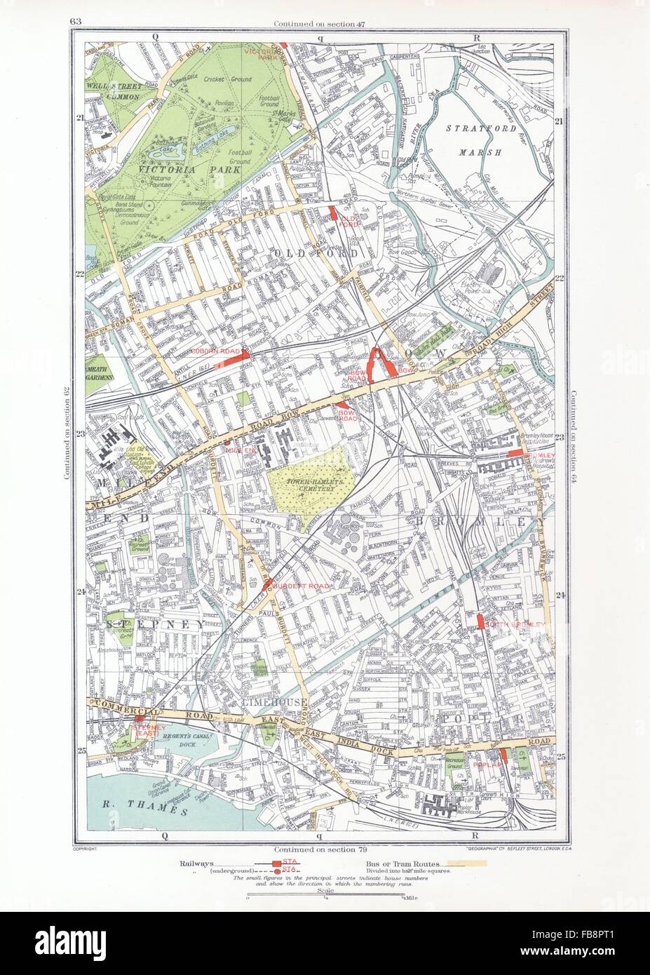EAST END. Bow,Bromley,Limehouse,Old Ford,pioppo,Victoria Park,Stepney, 1933 Mappa Foto Stock