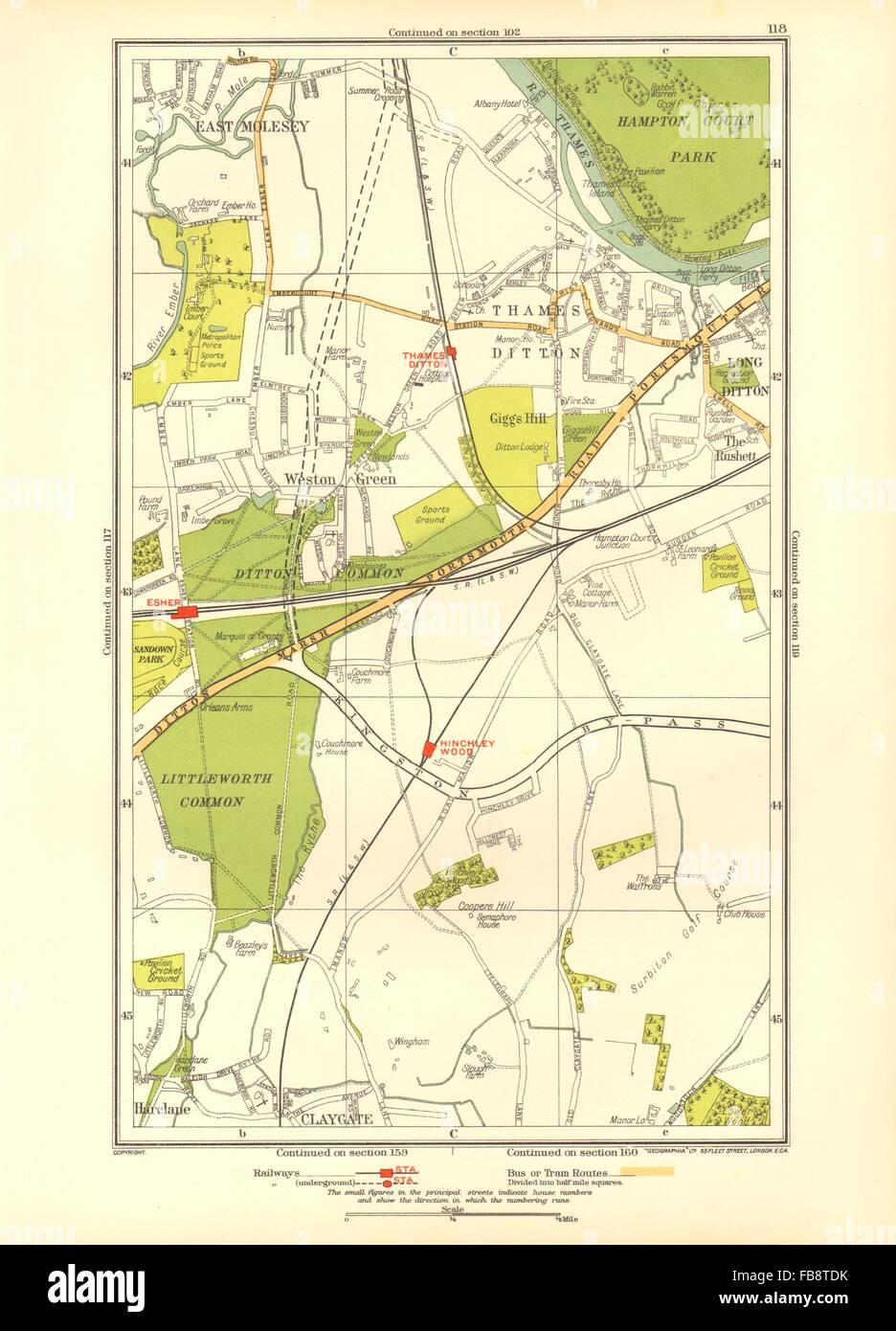 THAMES DITTON / lunga DITTON. Esher, East Molesey, Claygate, Harelane, 1933 Mappa Foto Stock