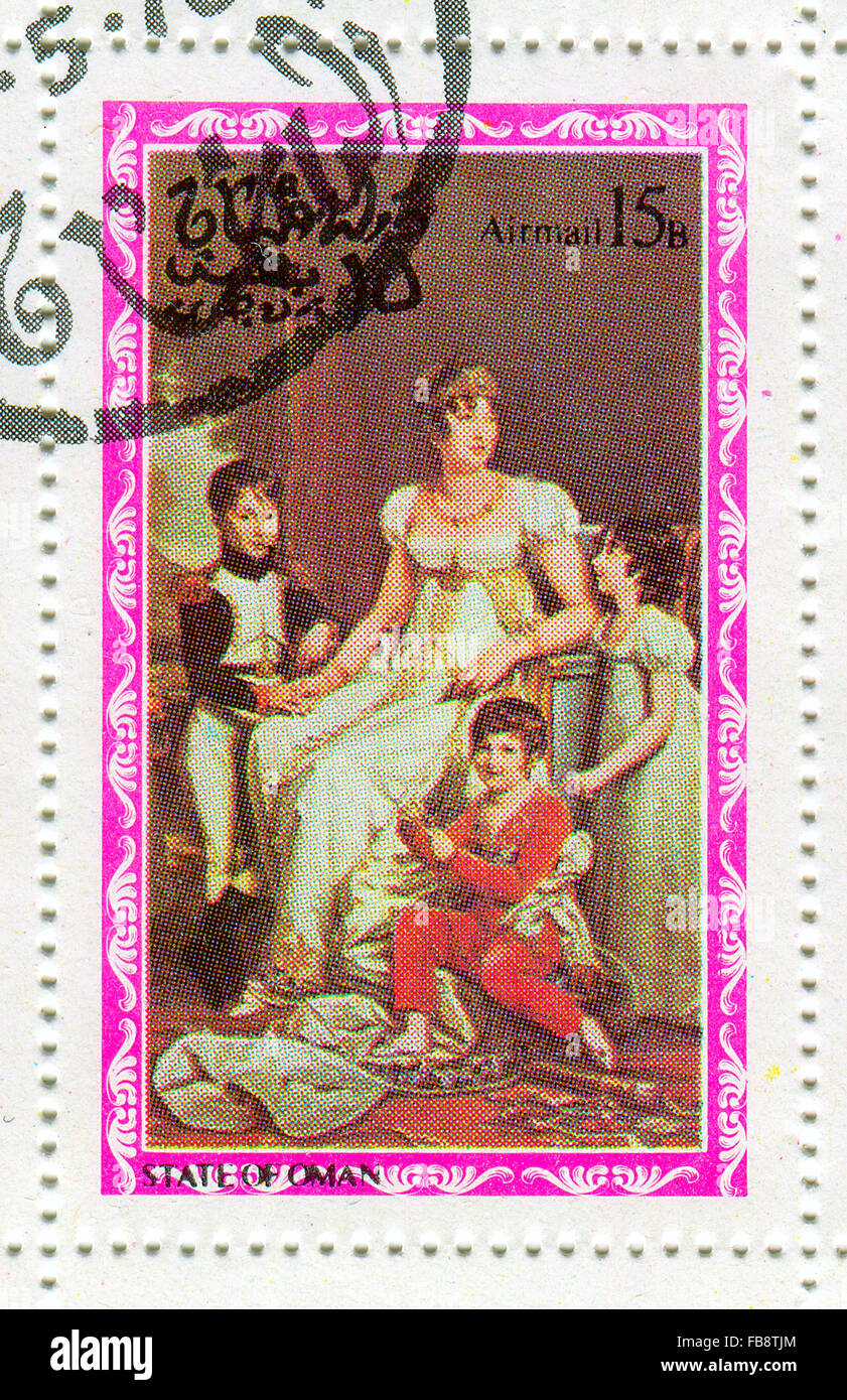 Stato di Oman - circa 1976: un timbro stampato in stato di Oman mostra immagine di Joséphine de Beauharnais (née Tascher de la pagina Foto Stock