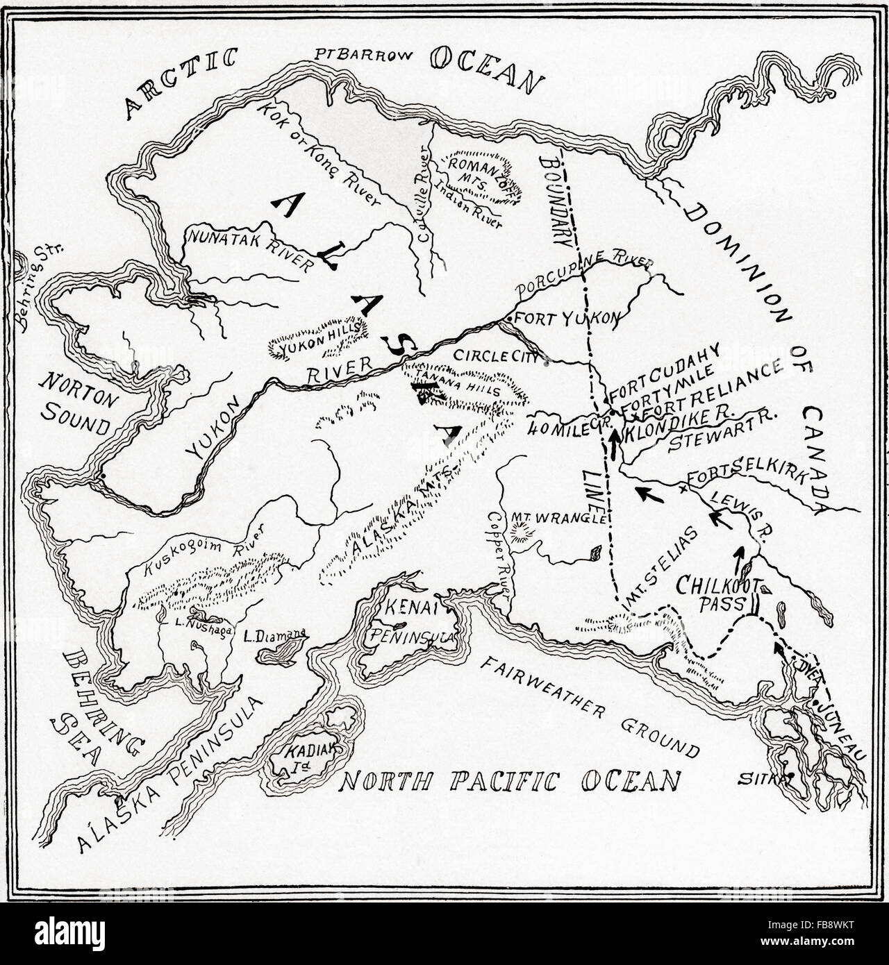 Mappa del Klondike Gold scavi e vicinanze, Alaska, Nord America, 1898 - 1899. Foto Stock