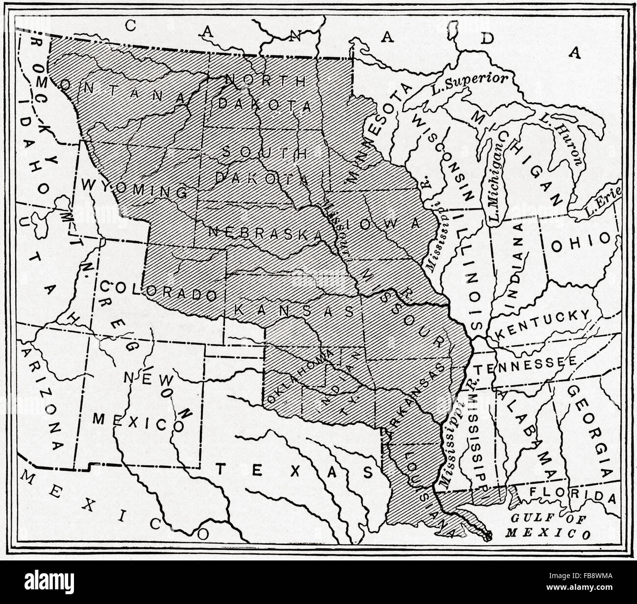 La mappa mostra la Louisiana Purchase. L'acquisizione del territorio della Louisiana (828,000 miglia quadrate) dagli Stati Uniti dalla Francia nel 1803. Foto Stock