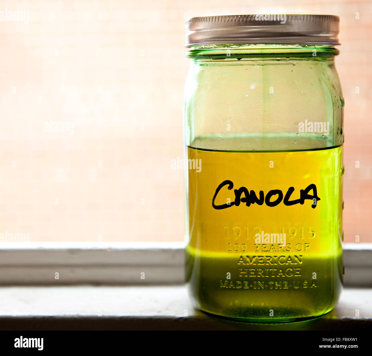 La Canola olio da cucina in mano verde marcato mason jar, sul davanzale con sfondo mattone. Foto Stock La Canola olio da cucina in mano verde marcato mason jar, sul davanzale con sfondo mattone. Foto Stock