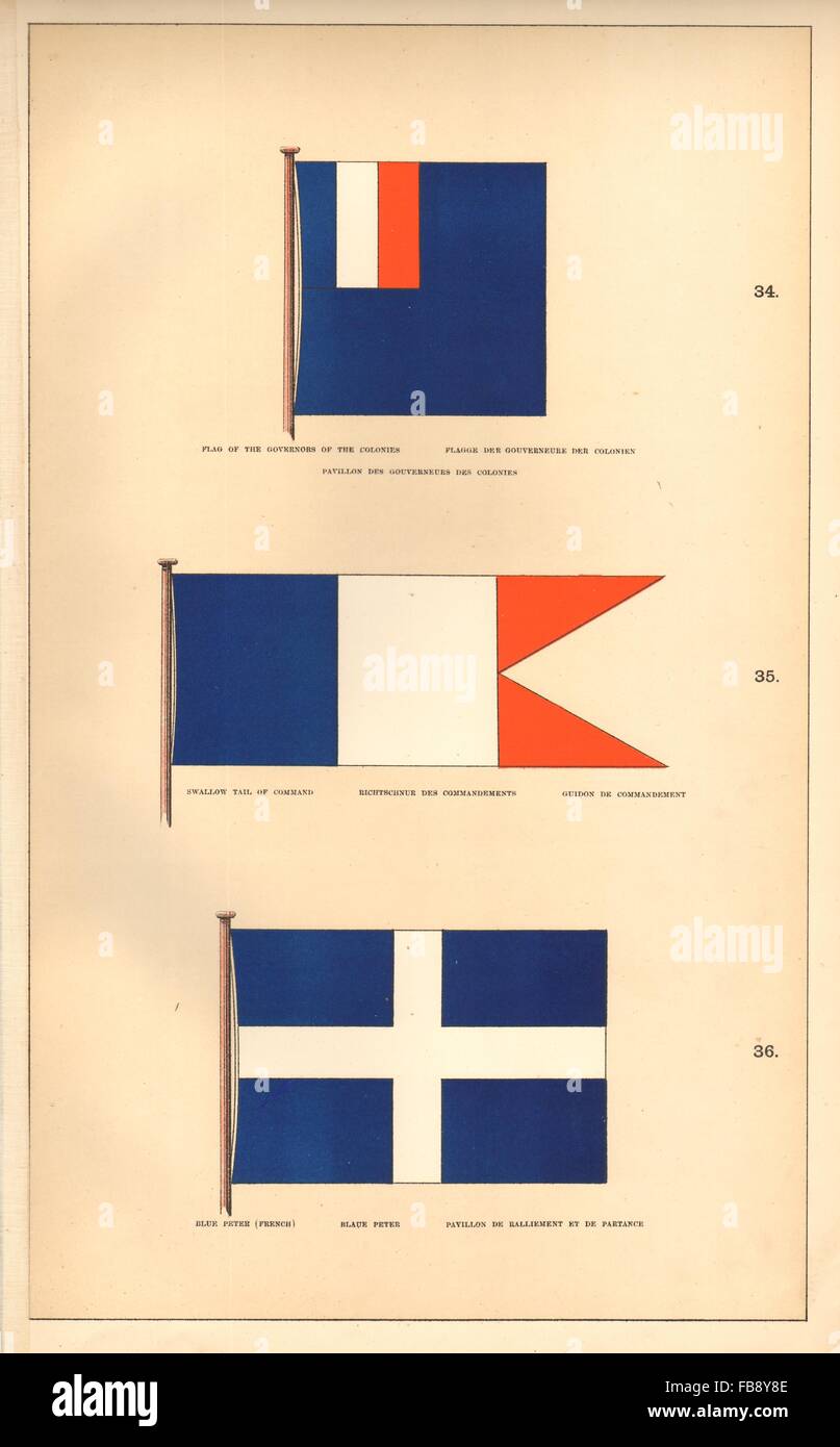 Francia bandiere PAVILLONS.Governatori coloniali. Coda di Rondine il comando. Blue Peter 1873 Foto Stock