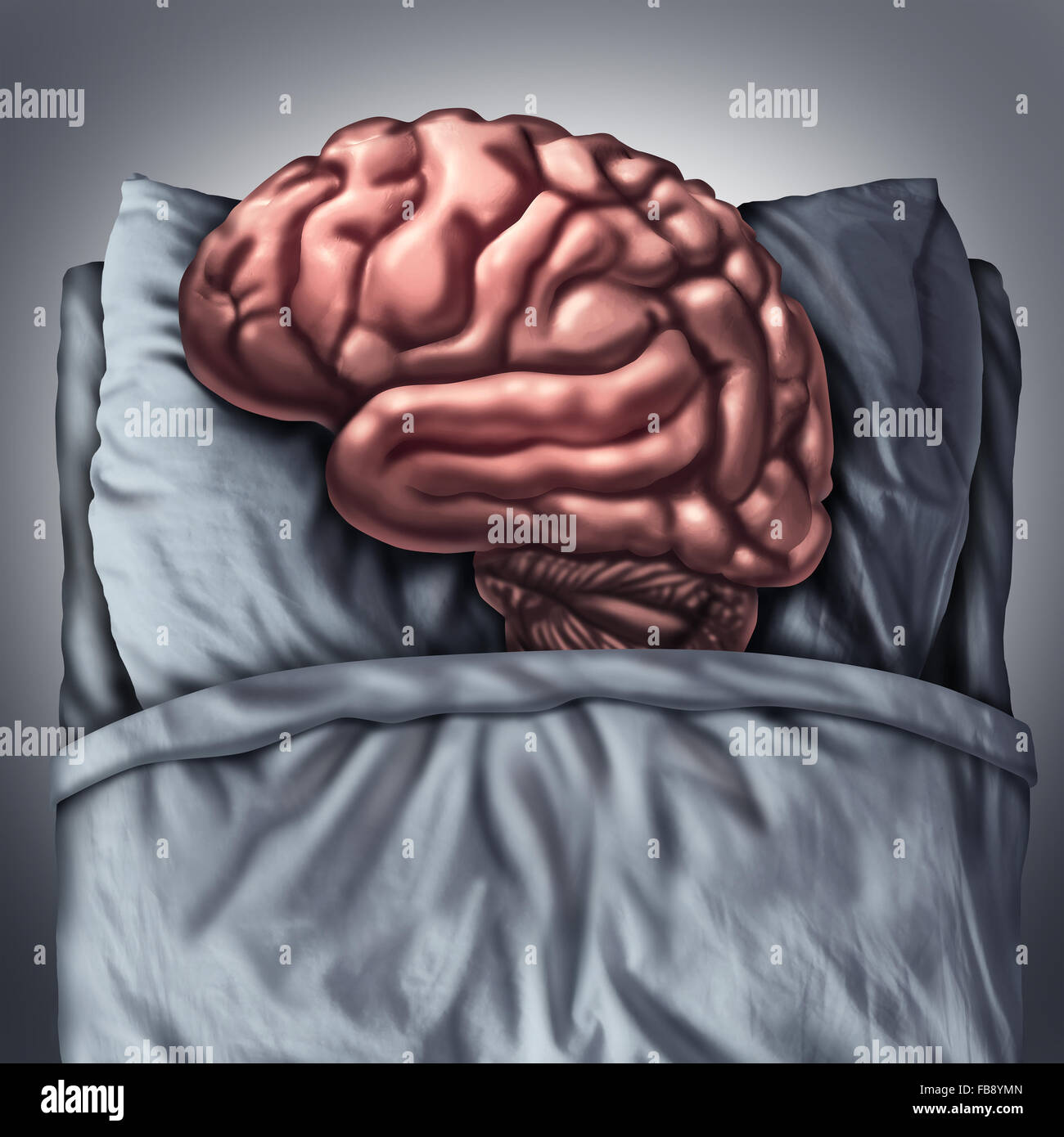 Cervello sonno medico e sanitario concetto per i benefici di appoggio il pensiero di un organo, di dormire su un cuscino in un letto come un cognitive e disturbi neurologici metafora per la meditazione e il pensiero profondo la terapia. Foto Stock