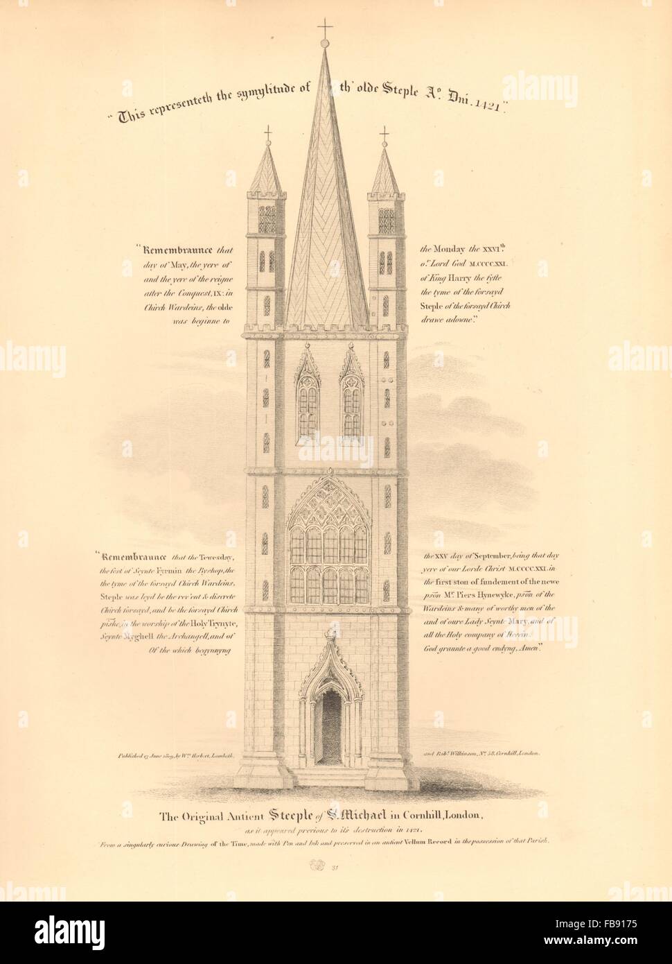 ST MICHAEL CORNHILL. L'originale chiesa antica steeple. Londra, stampa 1834 Foto Stock