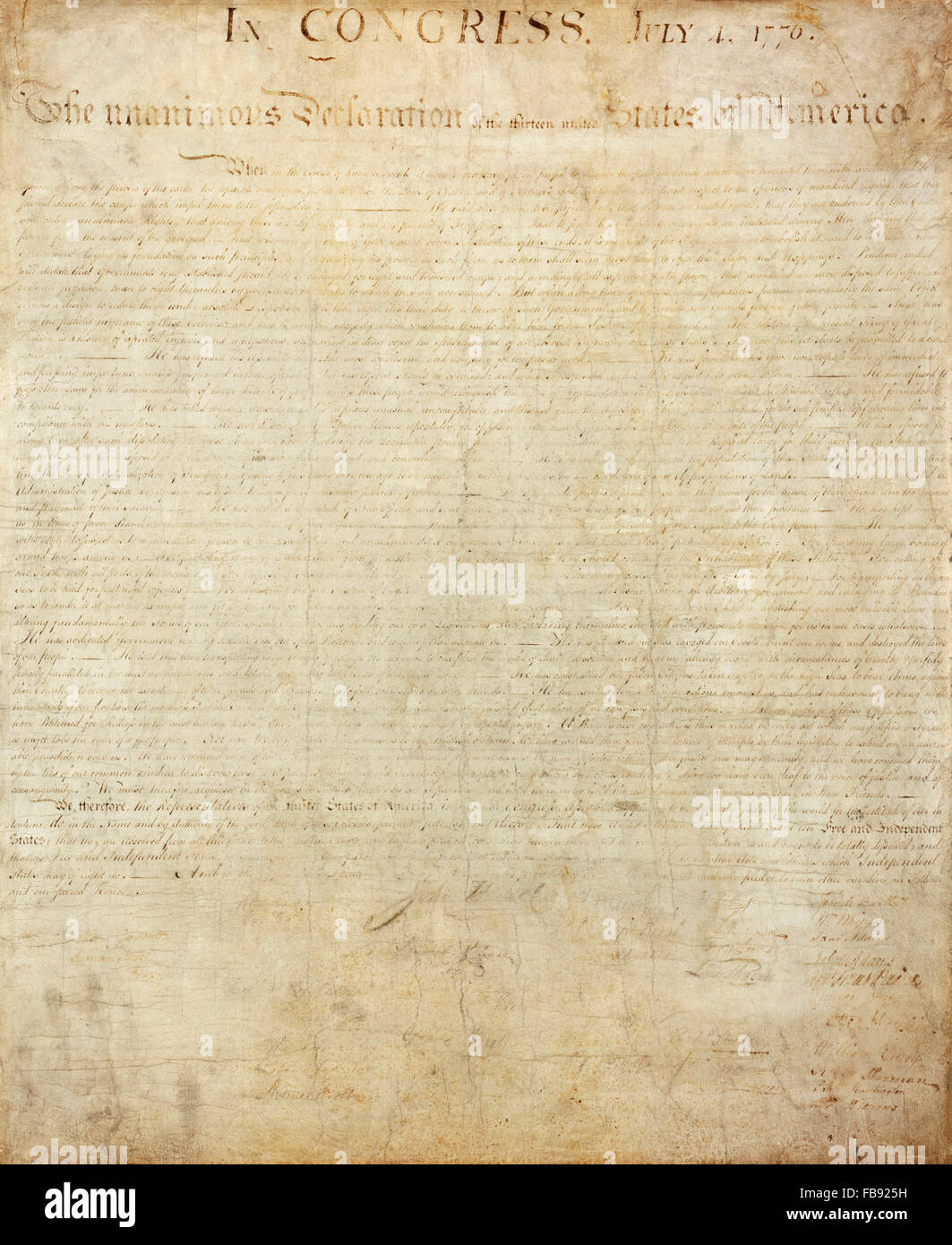 Dichiarazione di Indipendenza. Il male sbiadito assorti originale copia della dichiarazione di indipendenza, svoltasi a Negli Archivi Nazionali di Washington DC Foto Stock
