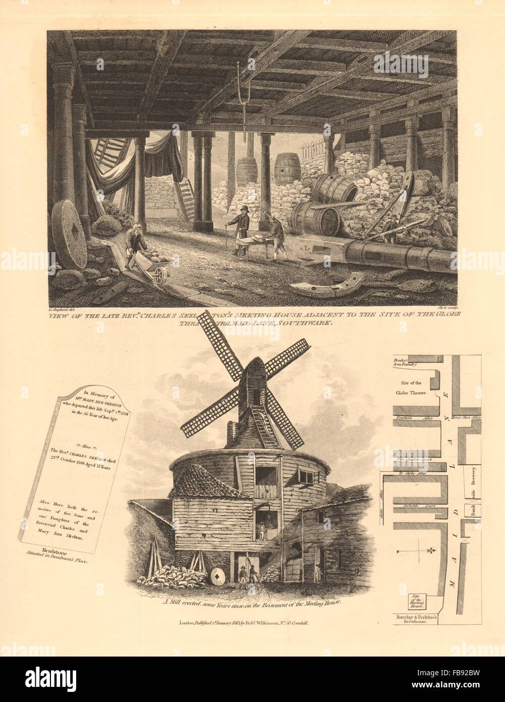 BANKSIDE. Rev Skelton's Meeting House, cameriera Lane/Park Street. Il mulino a vento, 1834 Mappa Foto Stock