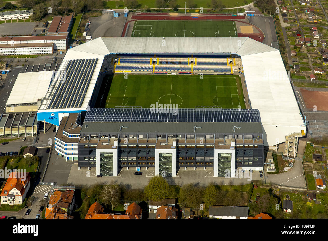 Vista aerea, lo stadio di terza lega nazionale club Arminia Bielefeld, club sportivo tedesco Arminia Bielefeld e. V.,SchücoArena Foto Stock