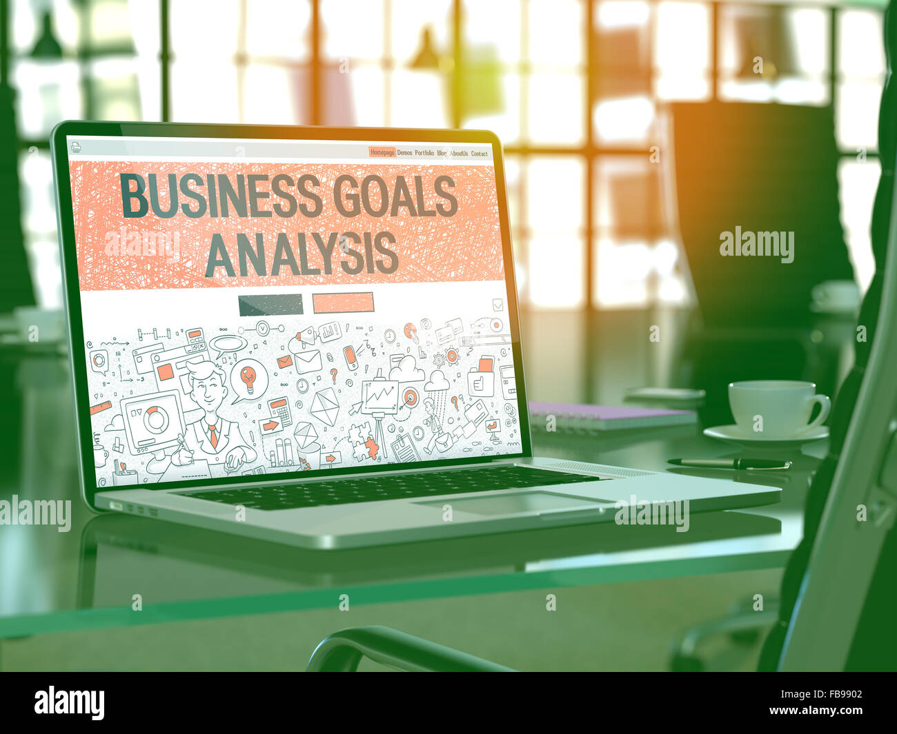 Obiettivi di Business Analysis - Closeup Landing Page in Doodle uno stile di design su uno schermo del notebook. Sullo sfondo di lavoro confortevole Pla Foto Stock
