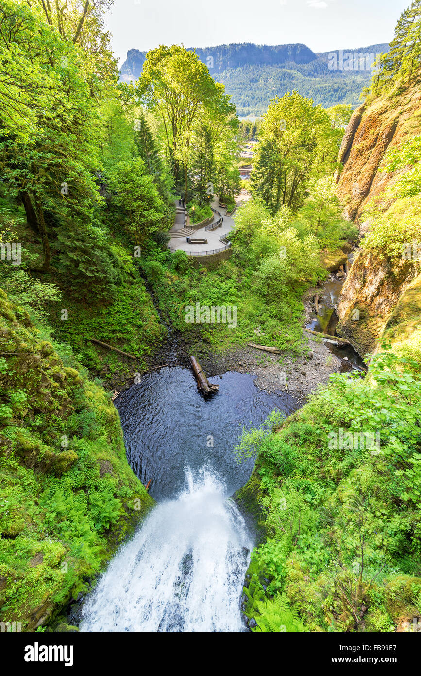 Vista da sopra Multnomah cade nella Columbia River Gorge in Oregon Foto Stock