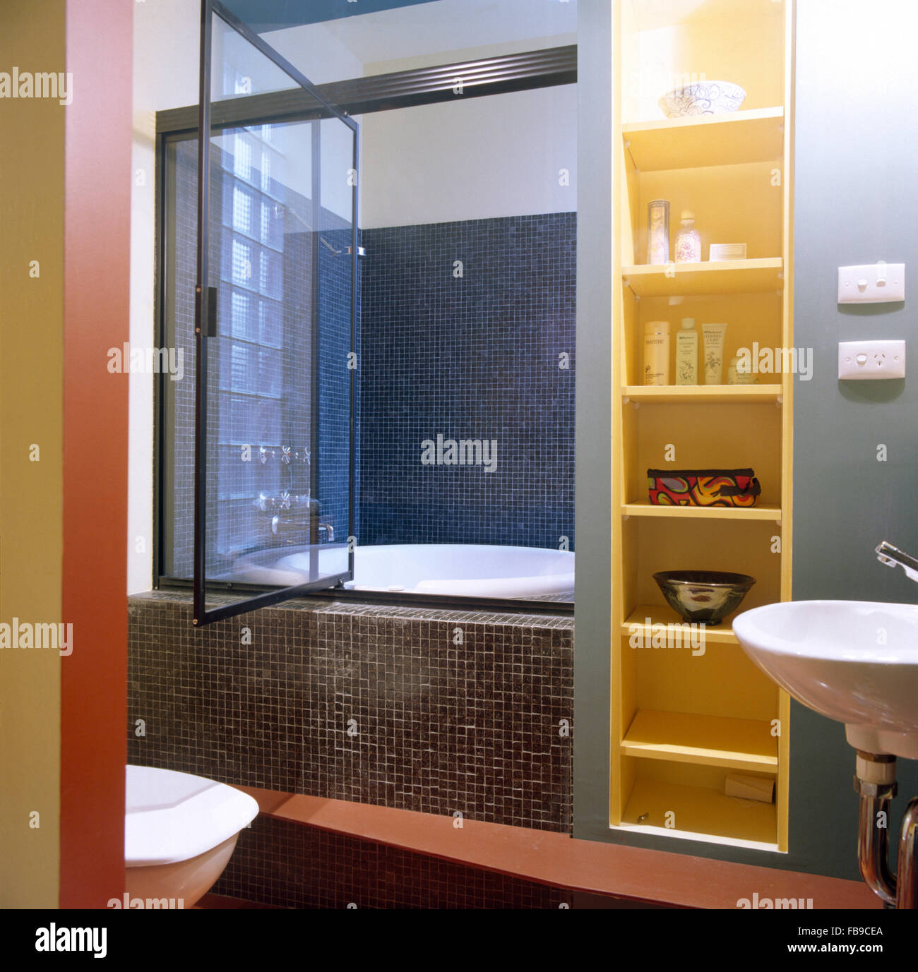 Scaffale stretto accanto a bagno con una doccia in vetro porta grigio e  tessere di mosaico in un bagno degli anni novanta Foto stock - Alamy