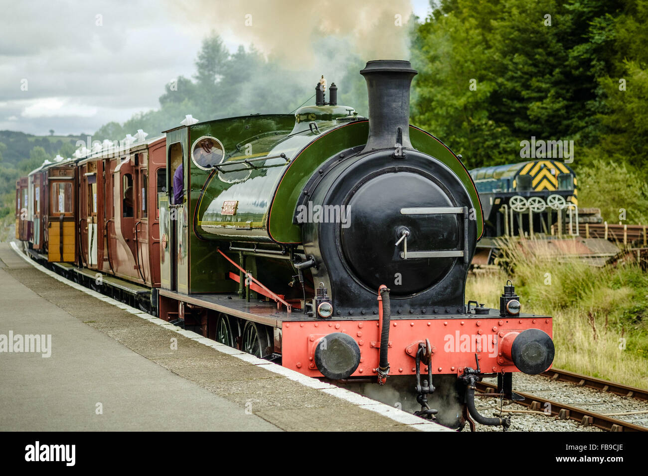 Treno a vapore tirando fuori di Bolton Abbey stazione, vicino a Bolton Bridge, North Yorkshire. Foto Stock