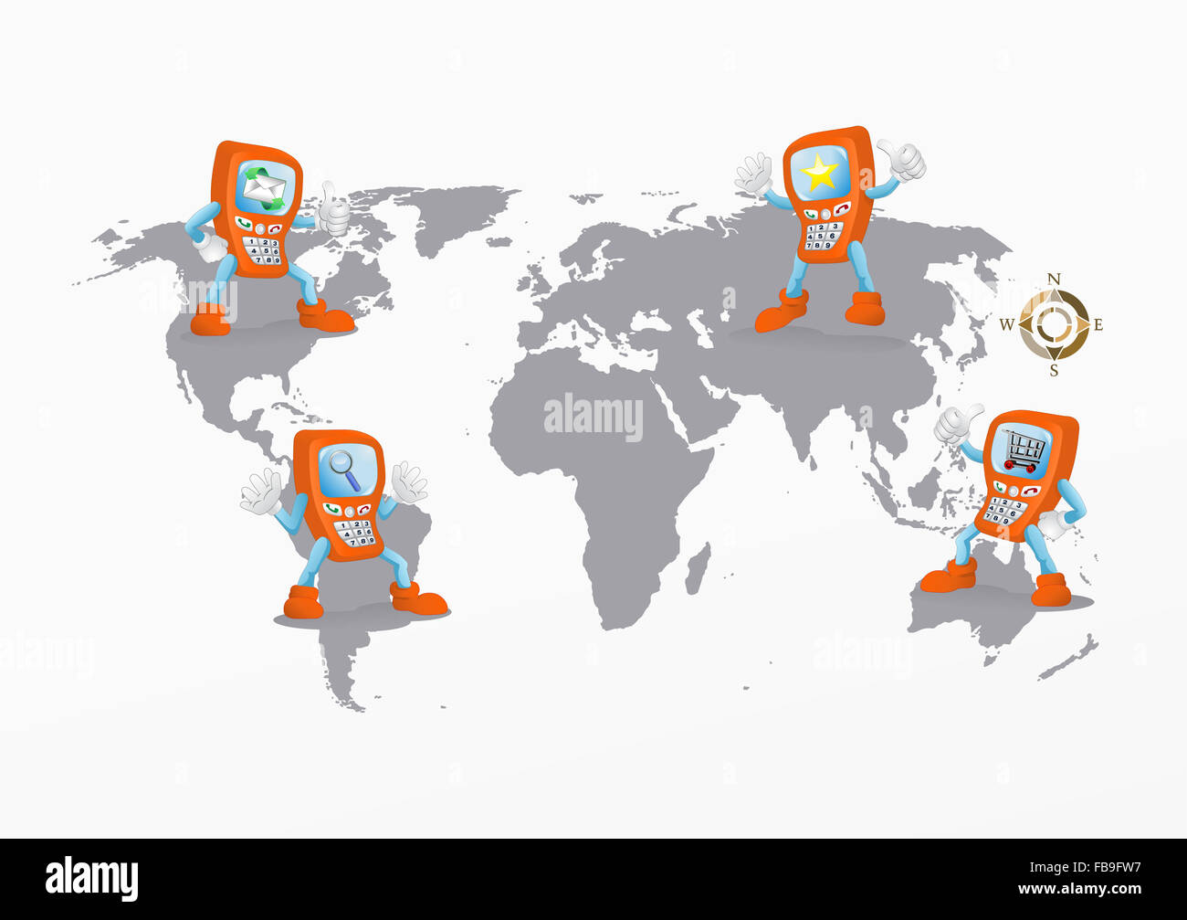 Illustrazione di una mano-telefono business group sulla mappa del mondo sullo sfondo Foto Stock