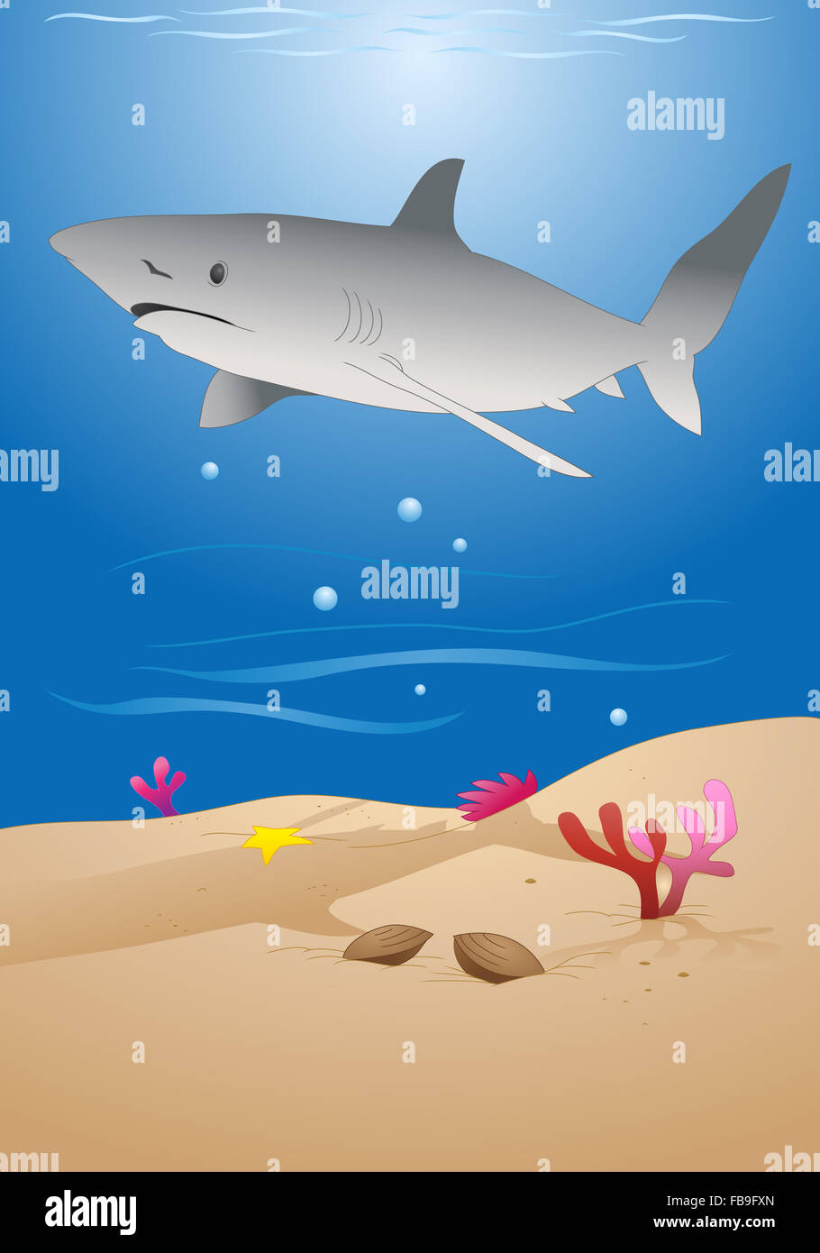 Illustrazione di un cartoon grey reef shark su sfondo del mare Foto Stock