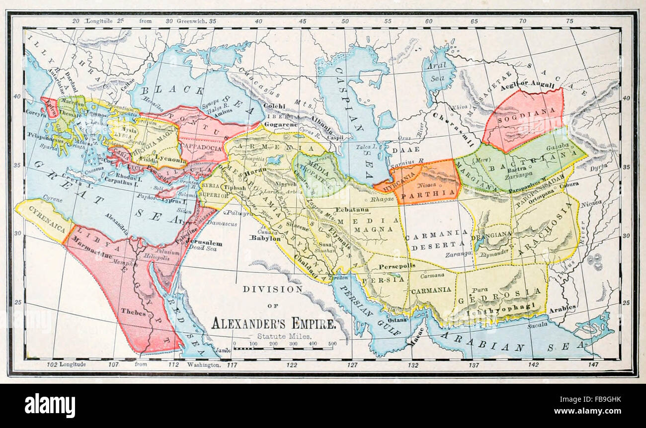 Mappa della divisione di Alexander's Impero - Mondo Antico Foto Stock
