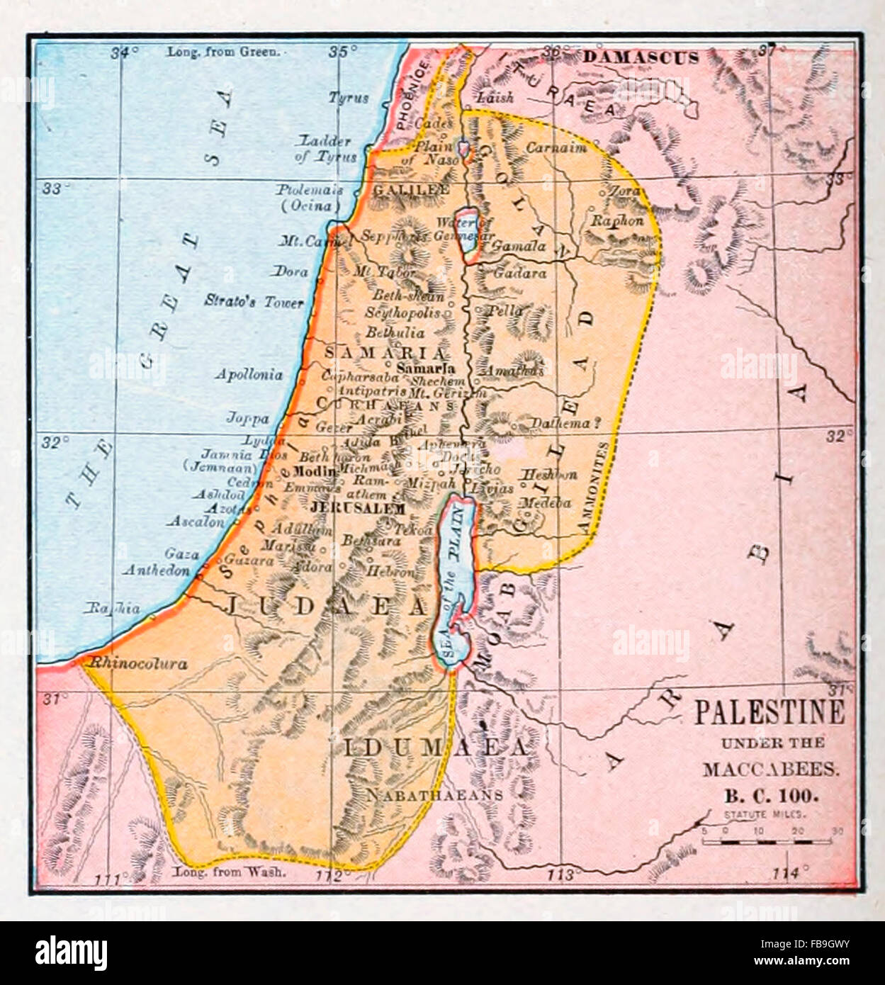 Mappa della Palestina sotto i Maccabei BC 100 Foto Stock