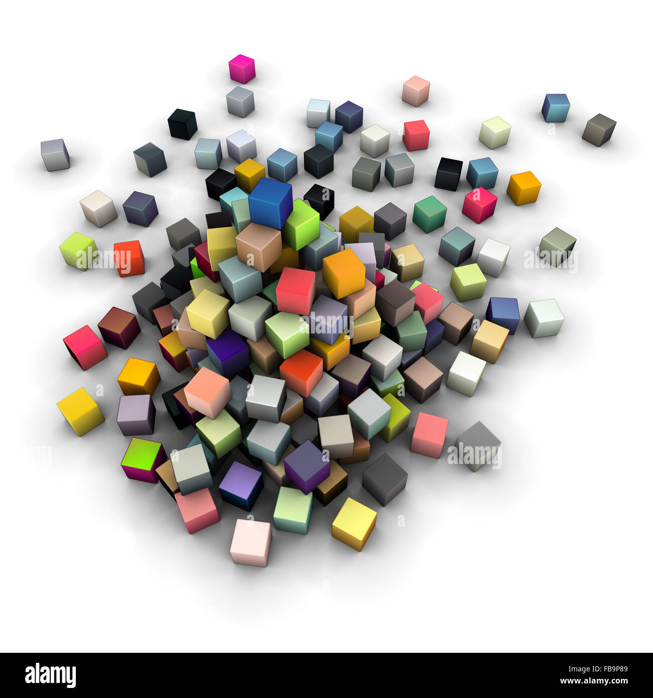 Pila di multi cubetti di colore su bianco Foto Stock