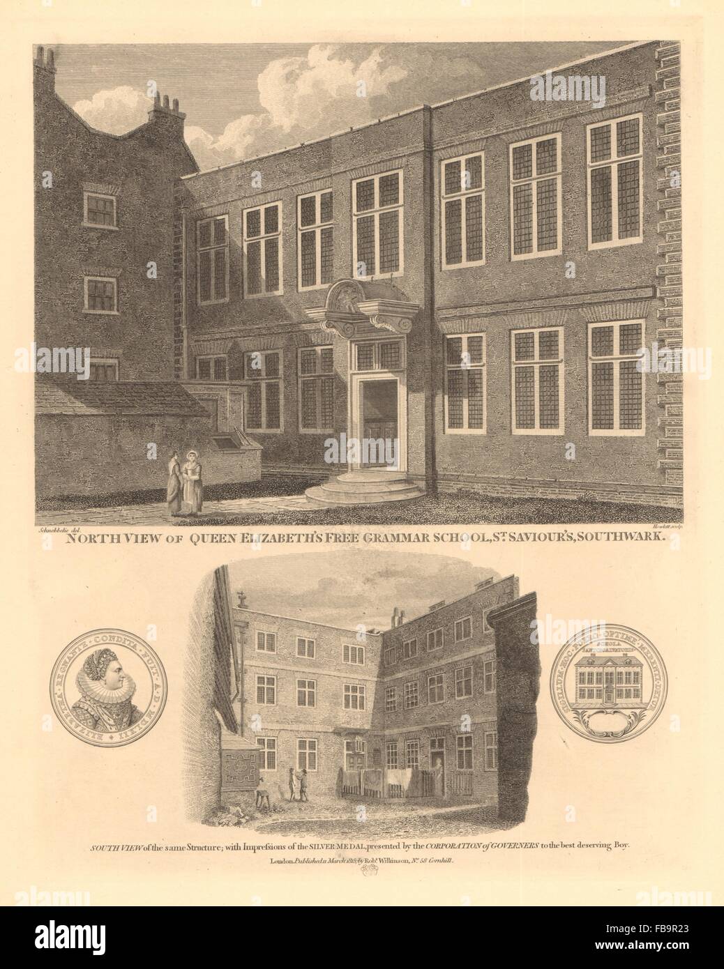 QUEEN ELIZABETH'S FREE Grammar School, Southwark, ora St Olave in ORPINGTON, 1834 Foto Stock