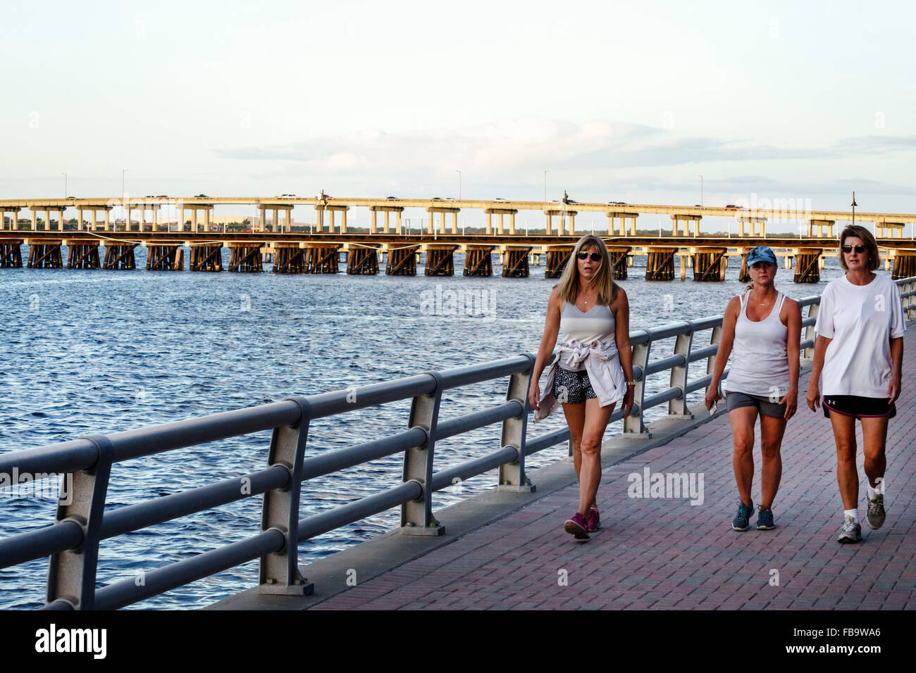 Bradenton Florida, Manatee River Water River waterwalk Park, Green Bridge, lungomare, adulti donna donna donne donne donne adulte, amici, passeggiate, visitatori trave Foto Stock