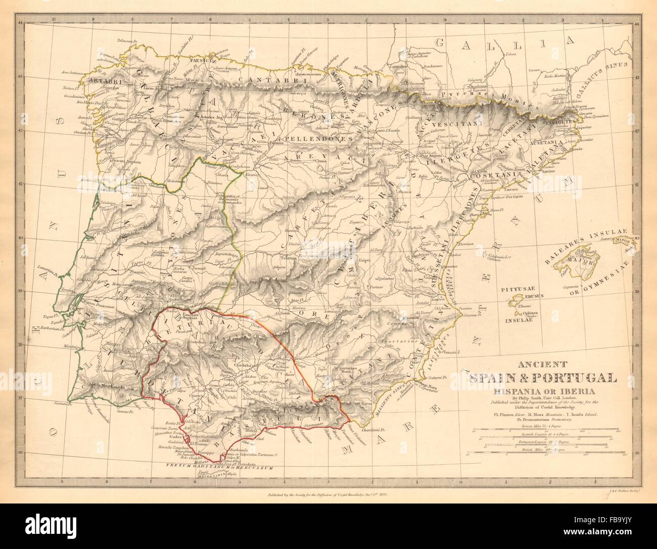 HISPANIA IBERIA. Antica Spagna & Portogallo. Nomi romani e strade. SDUK, 1844 Mappa Foto Stock