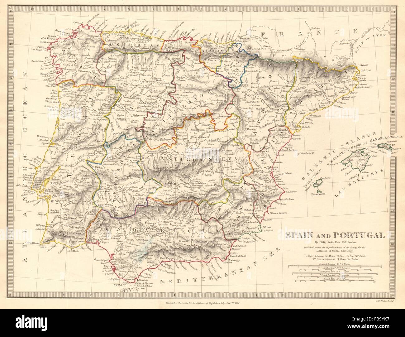 IBERIA. La Spagna e il Portogallo che mostra le province. SDUK, 1844 Mappa antichi Foto Stock