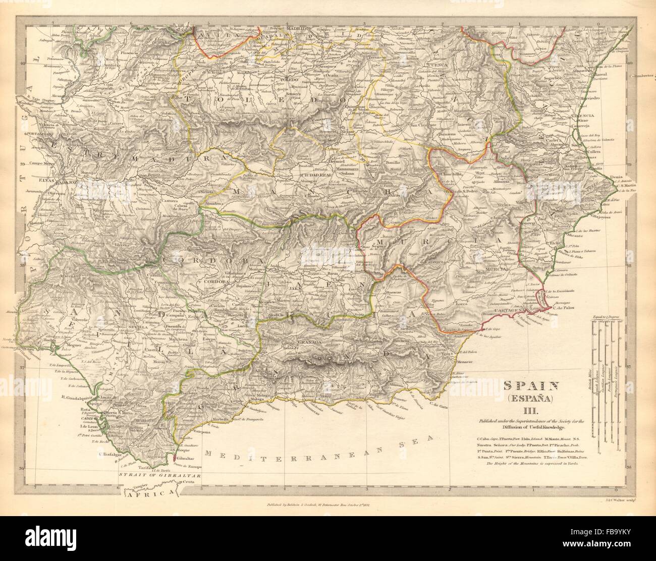 Spagna Sud.Sevilla Granada Cordoba Jaen Murcia Valencia Toledo.SDUK, 1844 Mappa Foto Stock