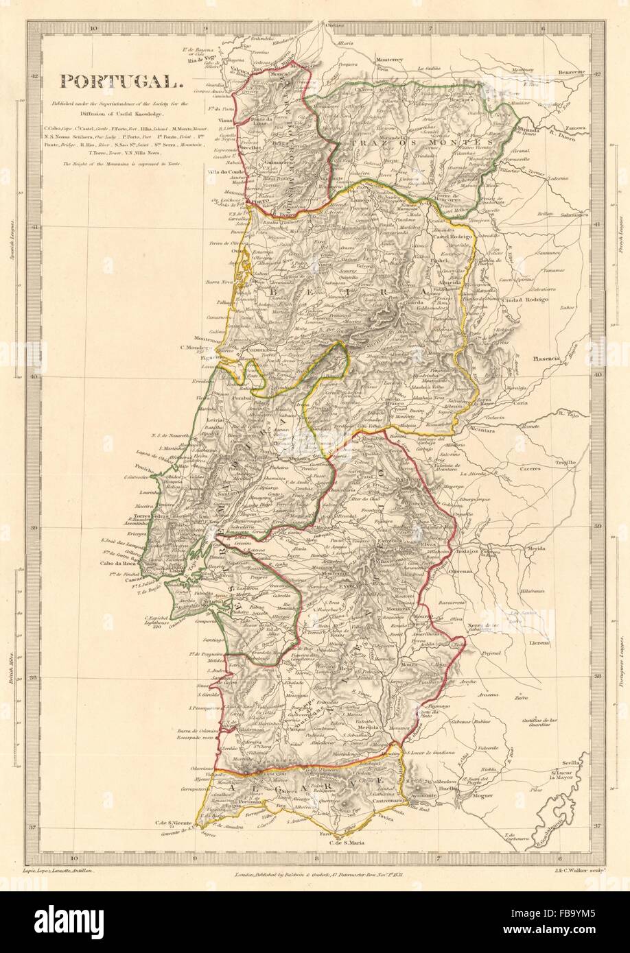 Il Portogallo. Province.Algarve Alentejo Estremadura Beira ecc. SDUK, 1844 mappa vecchia Foto Stock