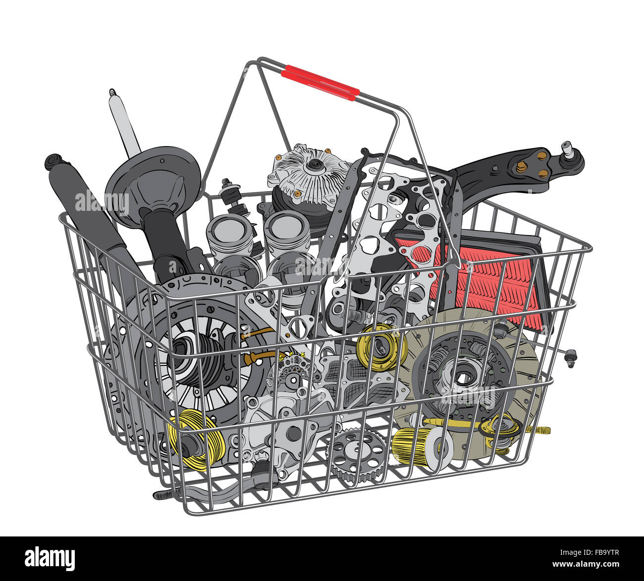 Cestello con molti pezzi di ricambio per automobili Foto Stock