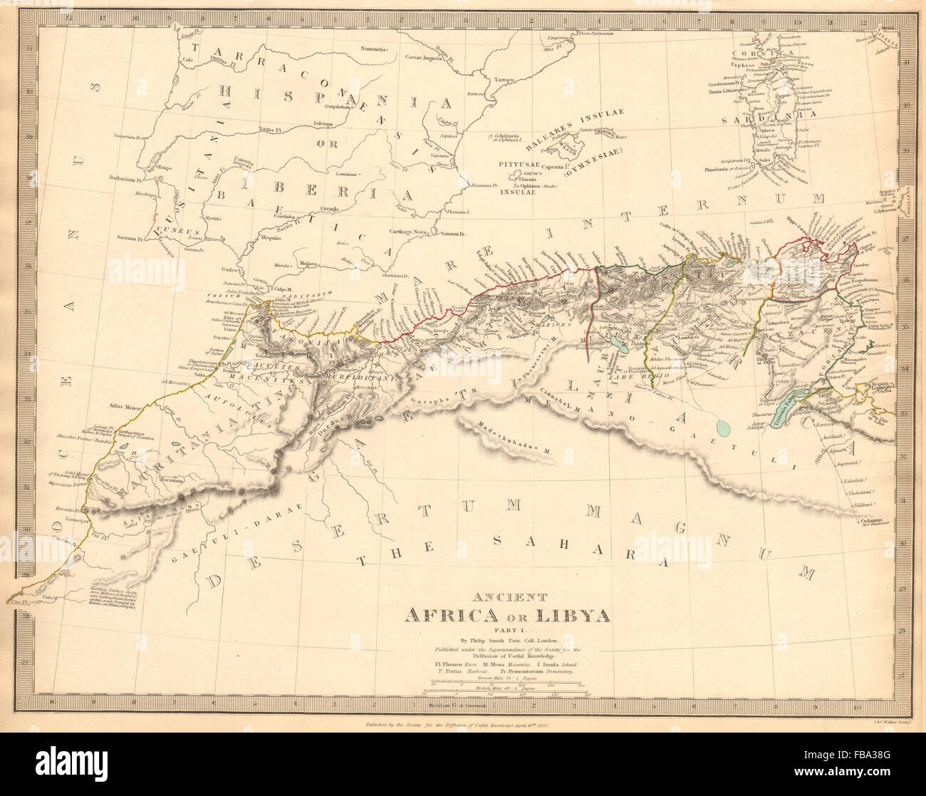 Antico DEL NORD AFRICA.Mauritania Byzacium.Marocco Algeria Tunisia.SDUK, 1844 Mappa Foto Stock