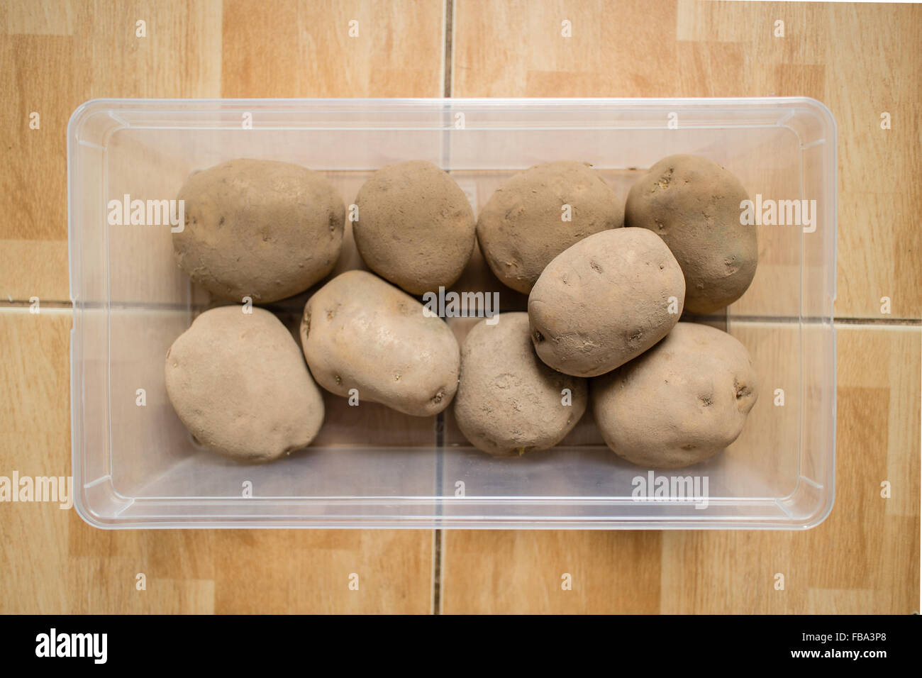 Materie le patate in un contenitore di plastica sul pavimento. Foto Stock