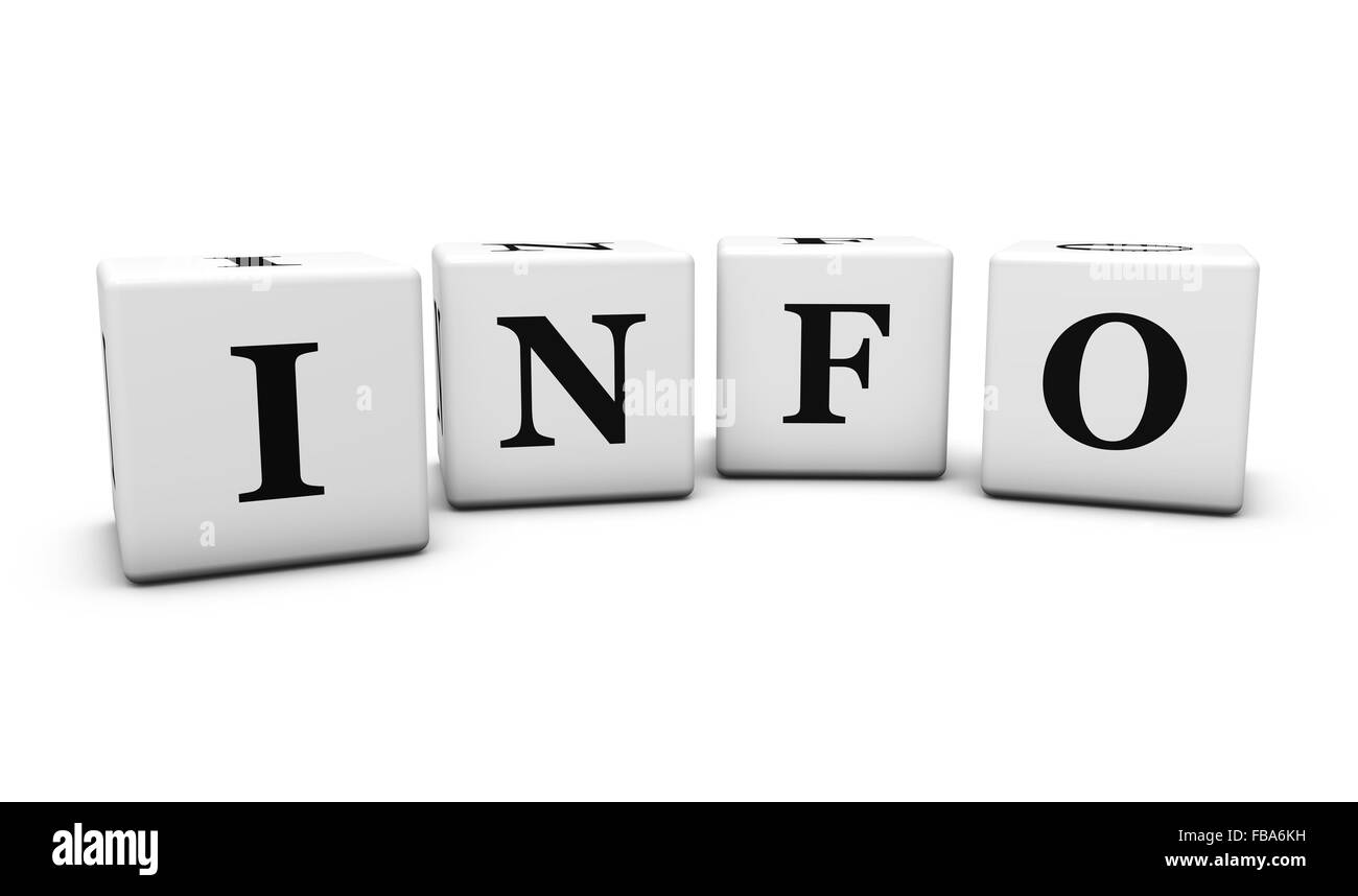 Sito web e concetto di Internet con info segno denominativo su cubetti con sfondo bianco. Foto Stock