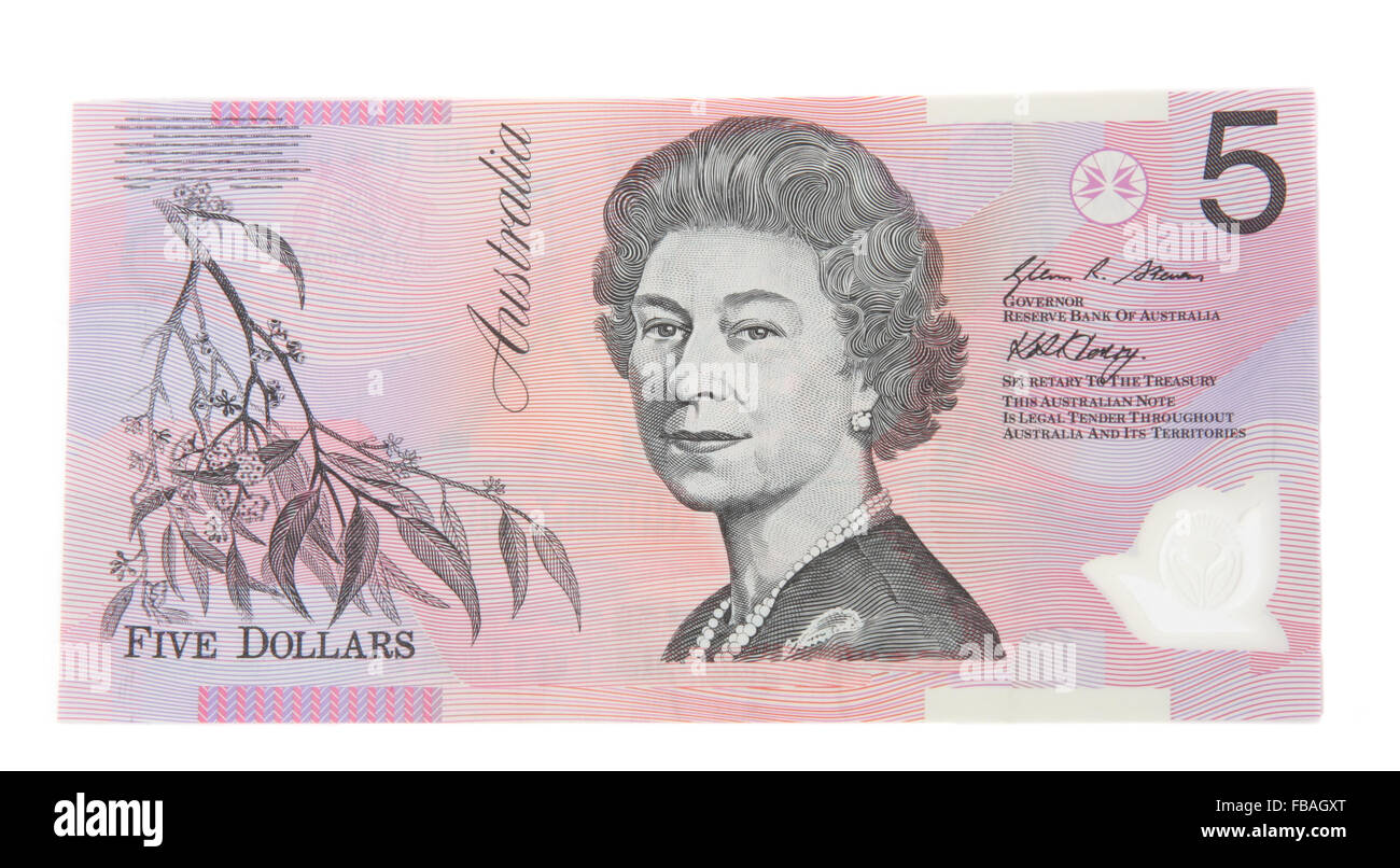 Un australiano di cinque dollari nota banca Foto Stock