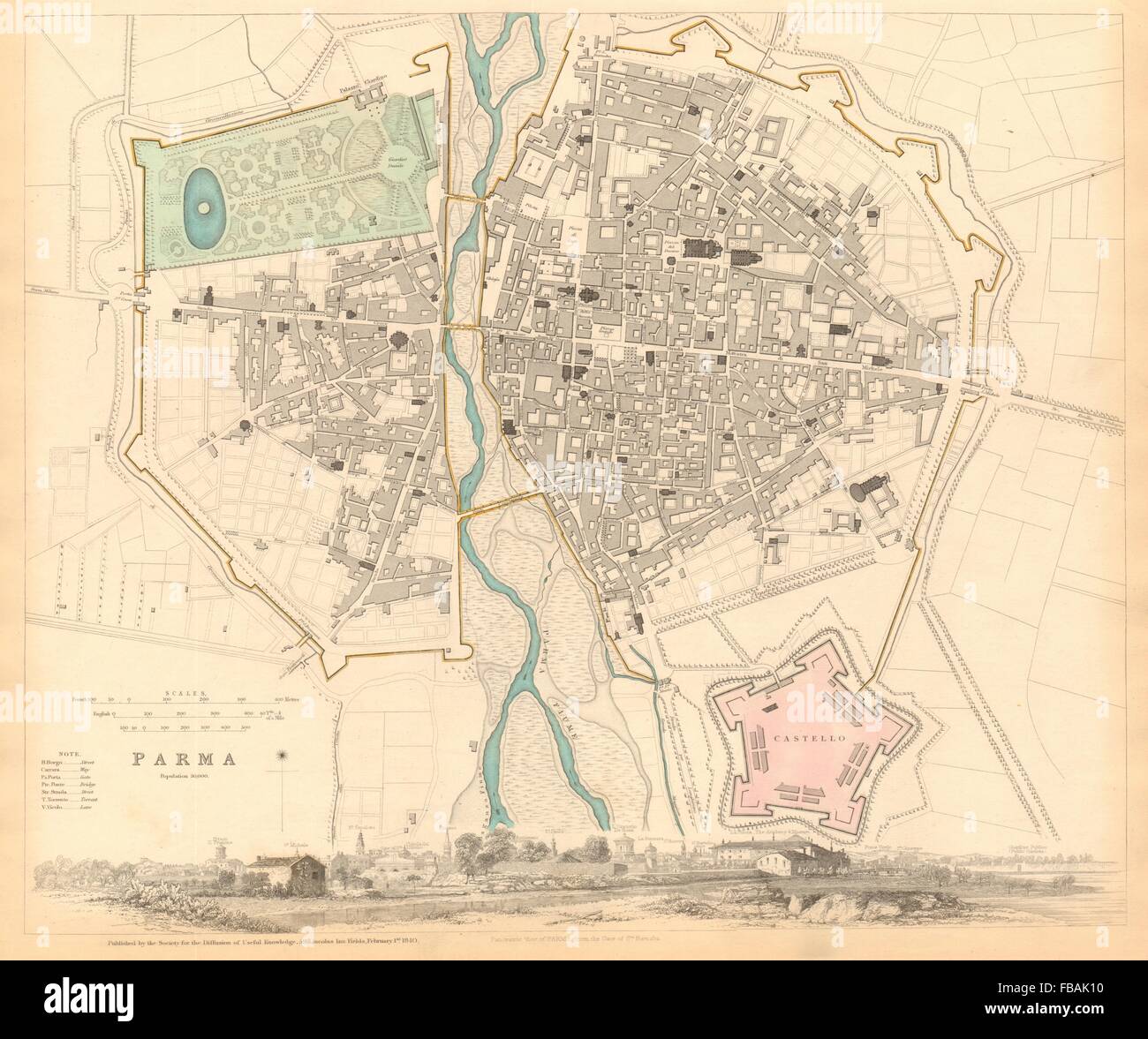 PARMA. Antica città di piano mappa & panorama. Parme. SDUK, 1844 Foto stock  - Alamy