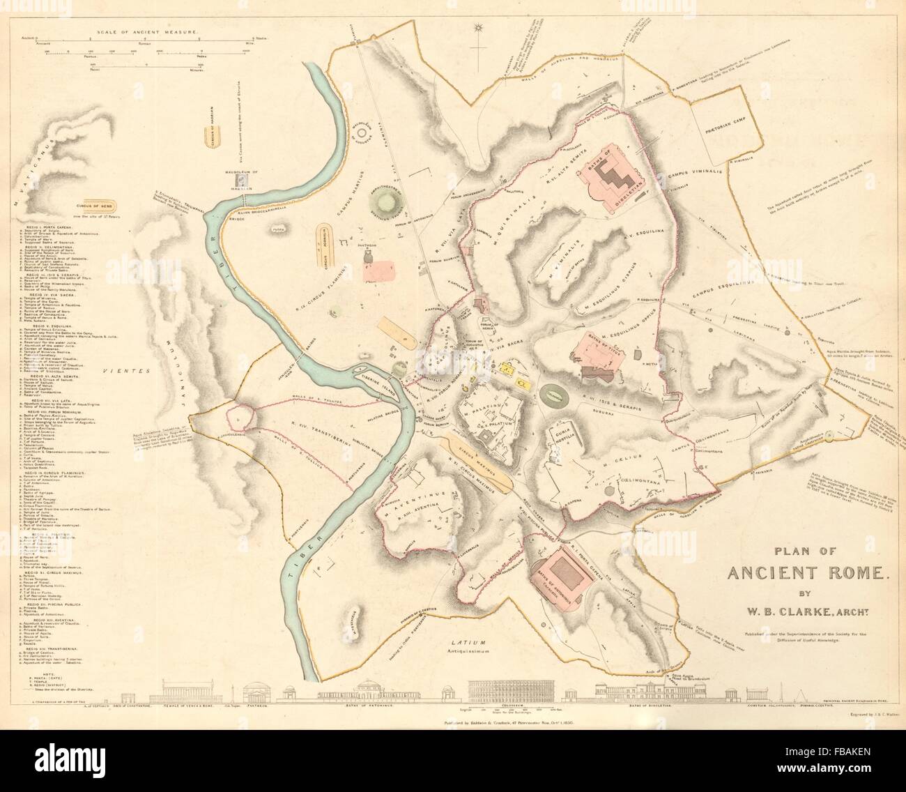 Roma Antica Roma. Antica città di piano mappa.originale colorazione a mano.SDUK 1844 Foto Stock