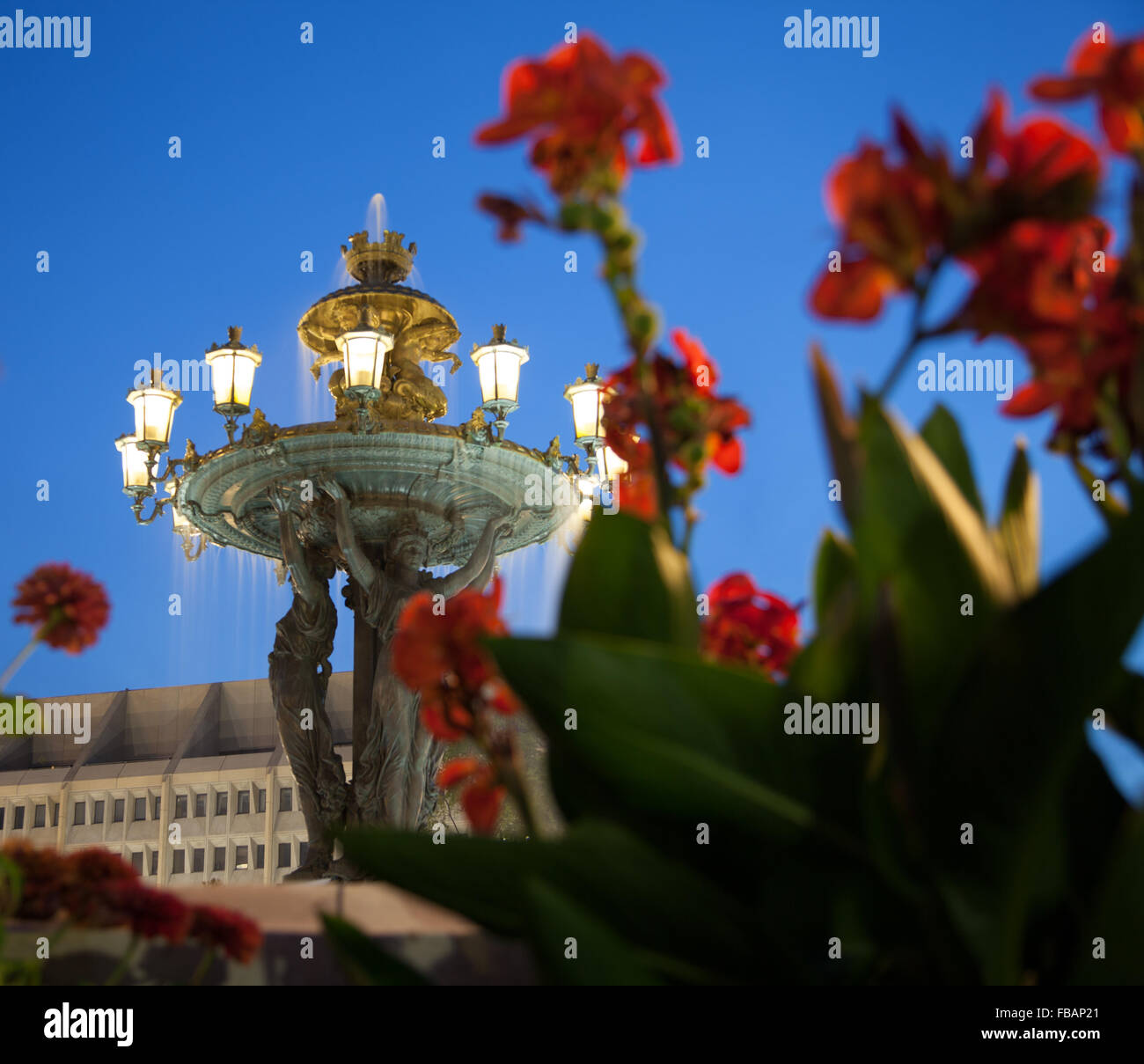 Fontana di Bartholdi Washington DC di notte - basso angolo vista quadrata Foto Stock