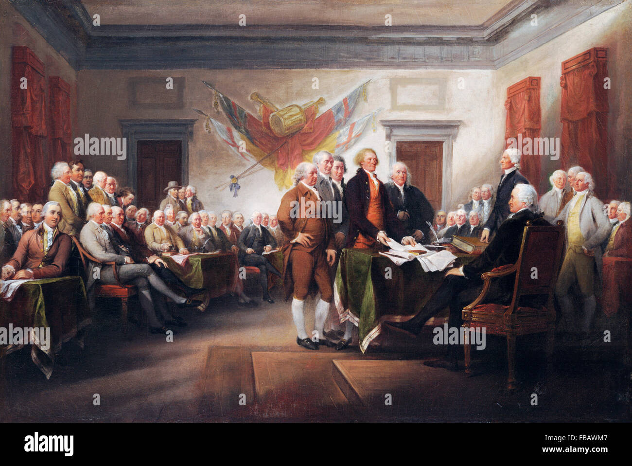 Dichiarazione di indipendenza. La firma della dichiarazione d'indipendenza degli Stati Uniti nel 1776 - un dipinto di John Trumbull Foto Stock